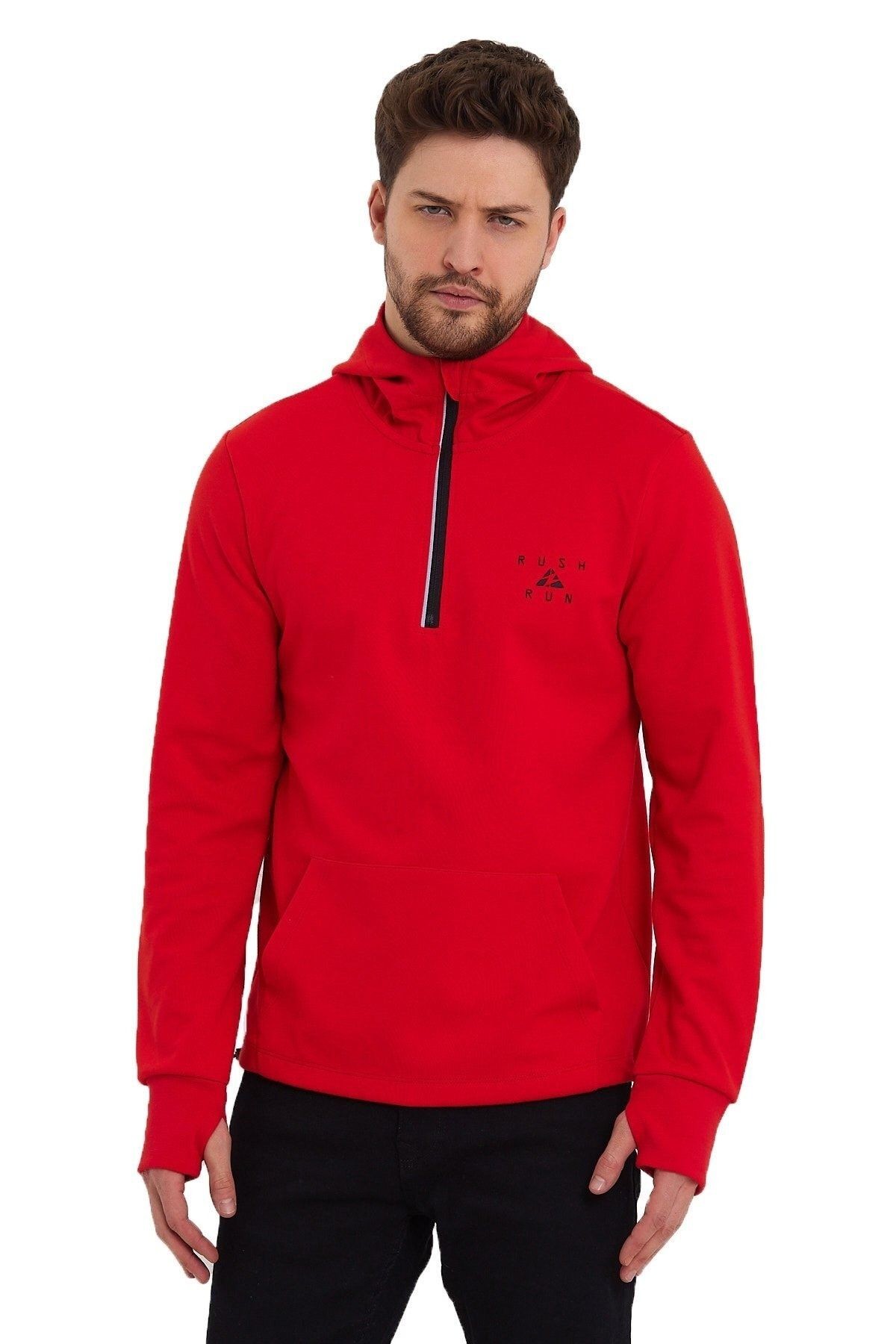 Rush Run Erkek Antrenman Kanguru Cepli Fermuarlı Kapüşon Yaka Spor Sweatshirt