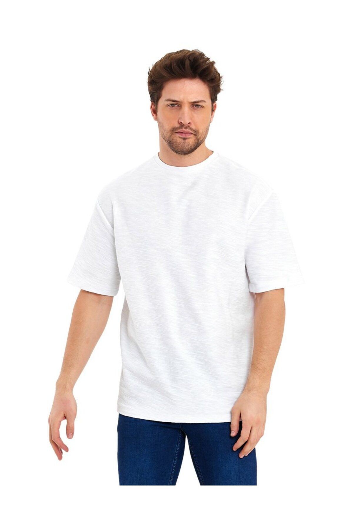 Jakarlı Kumaş Bisiklet Yaka Kısa Kol Oversize Erkek T-Shirt