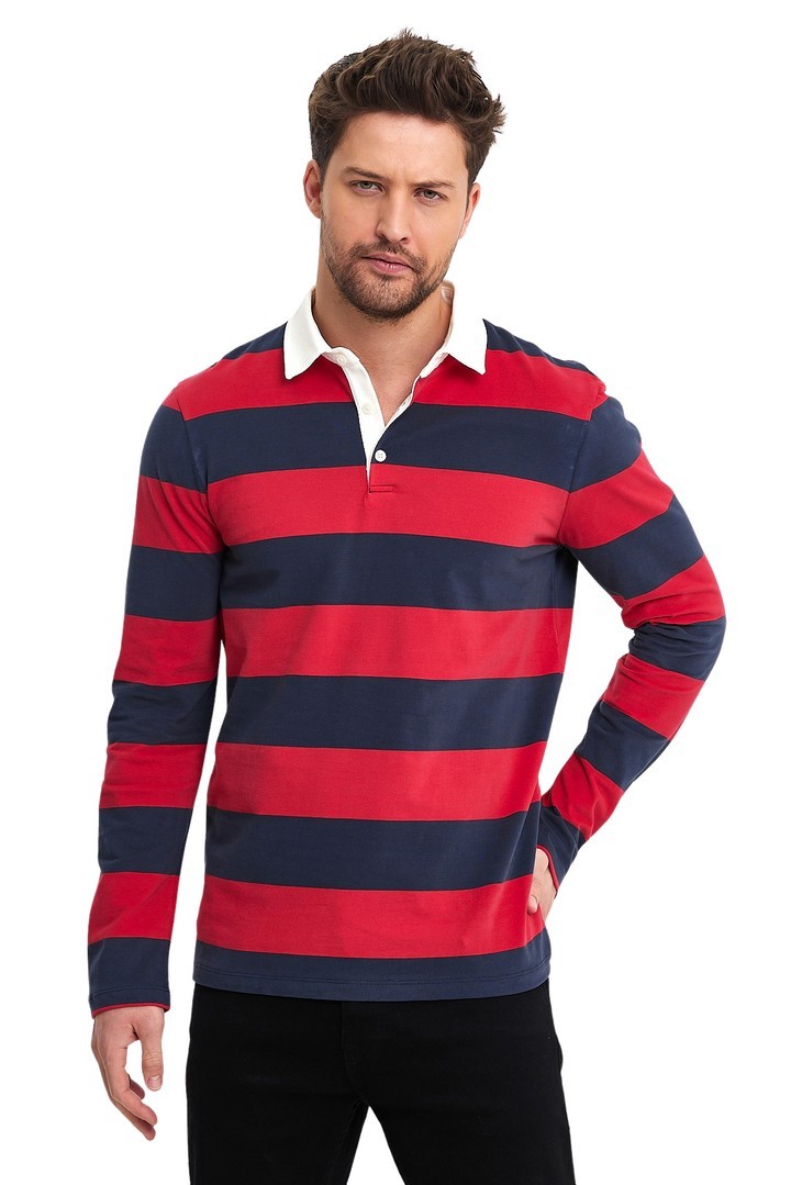 Oxford Model Çizgili Polo Yaka Erkek Uzun Kol Sweatshirt