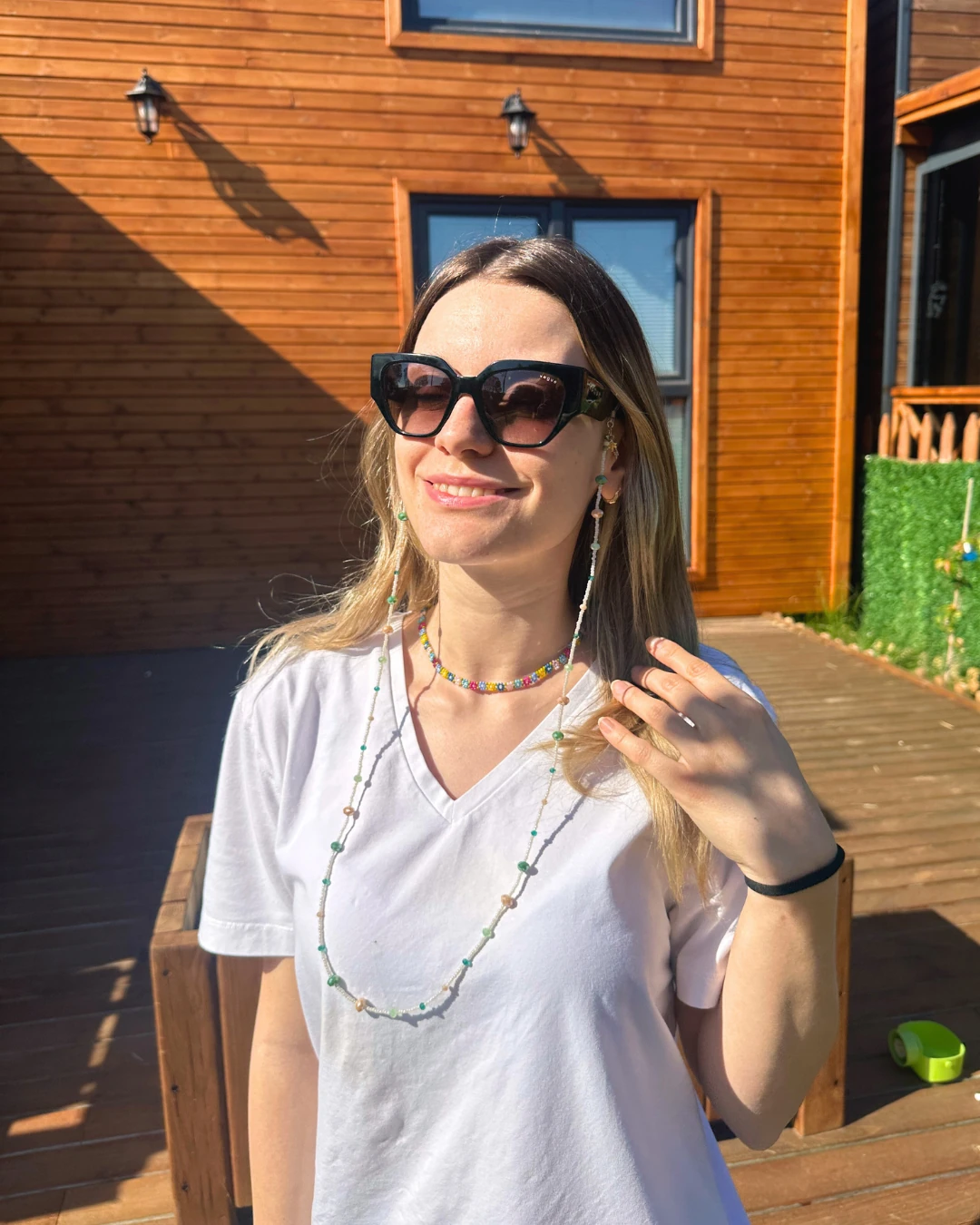 Krem-Yeşil Kristal Boncuk Gözlük Askısı