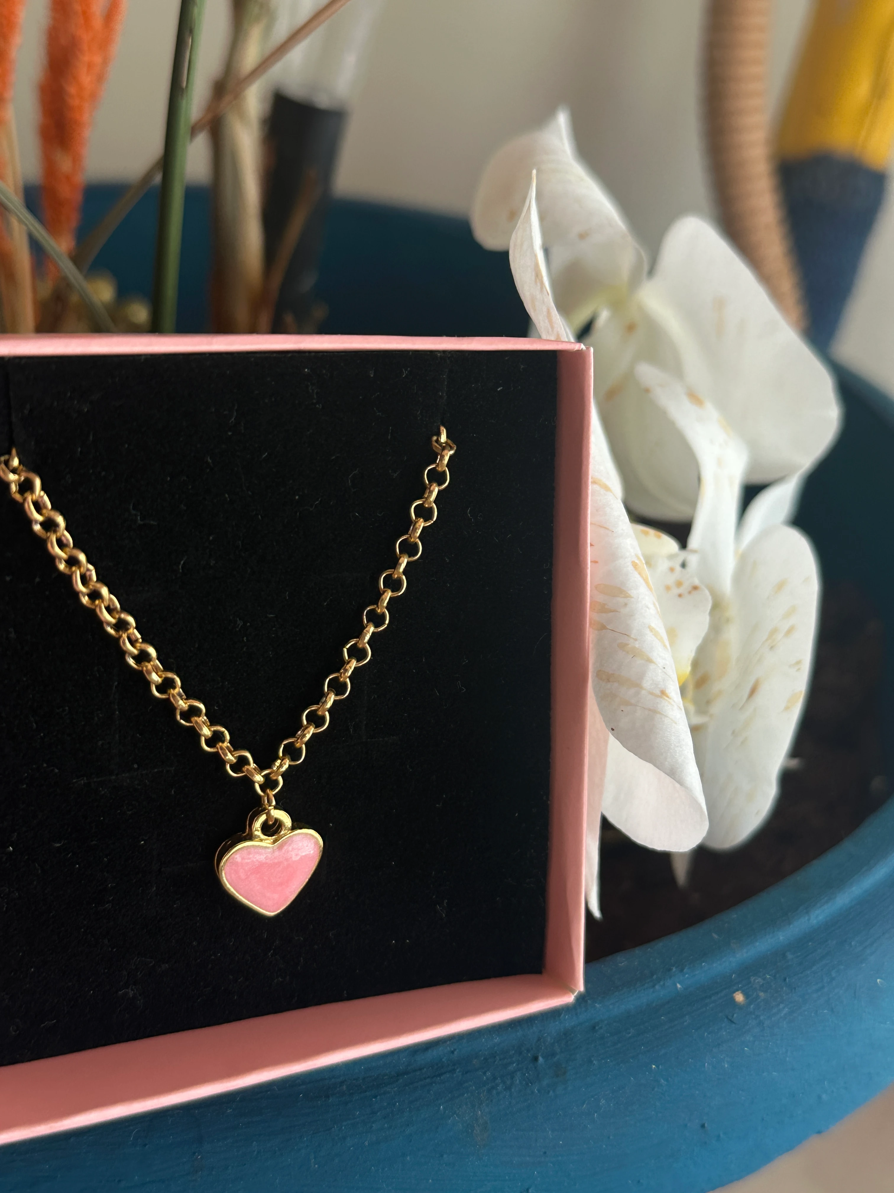 Pembe Zincir Kalp Kolye