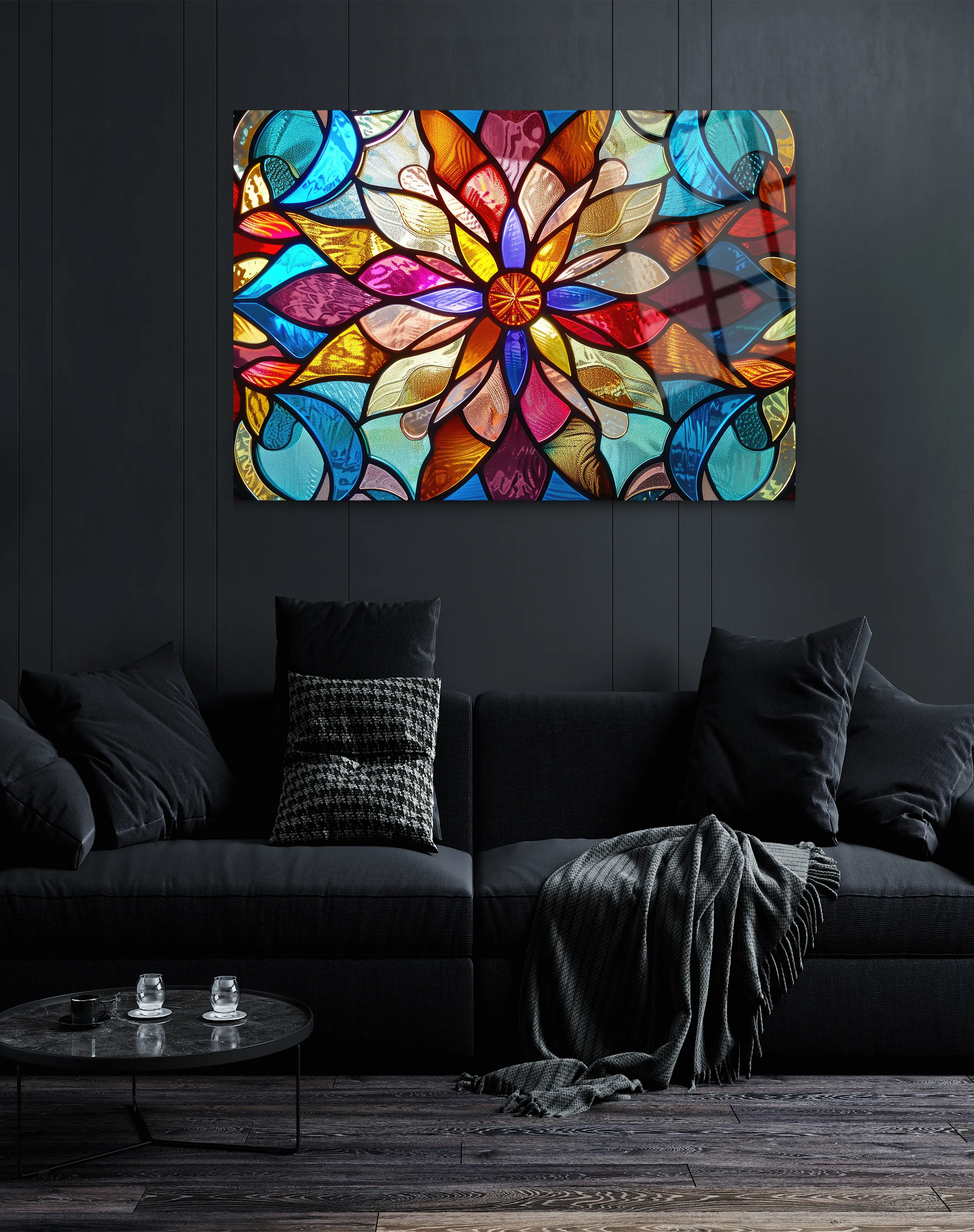 Çiçek Vitray Desen Cam Tablo