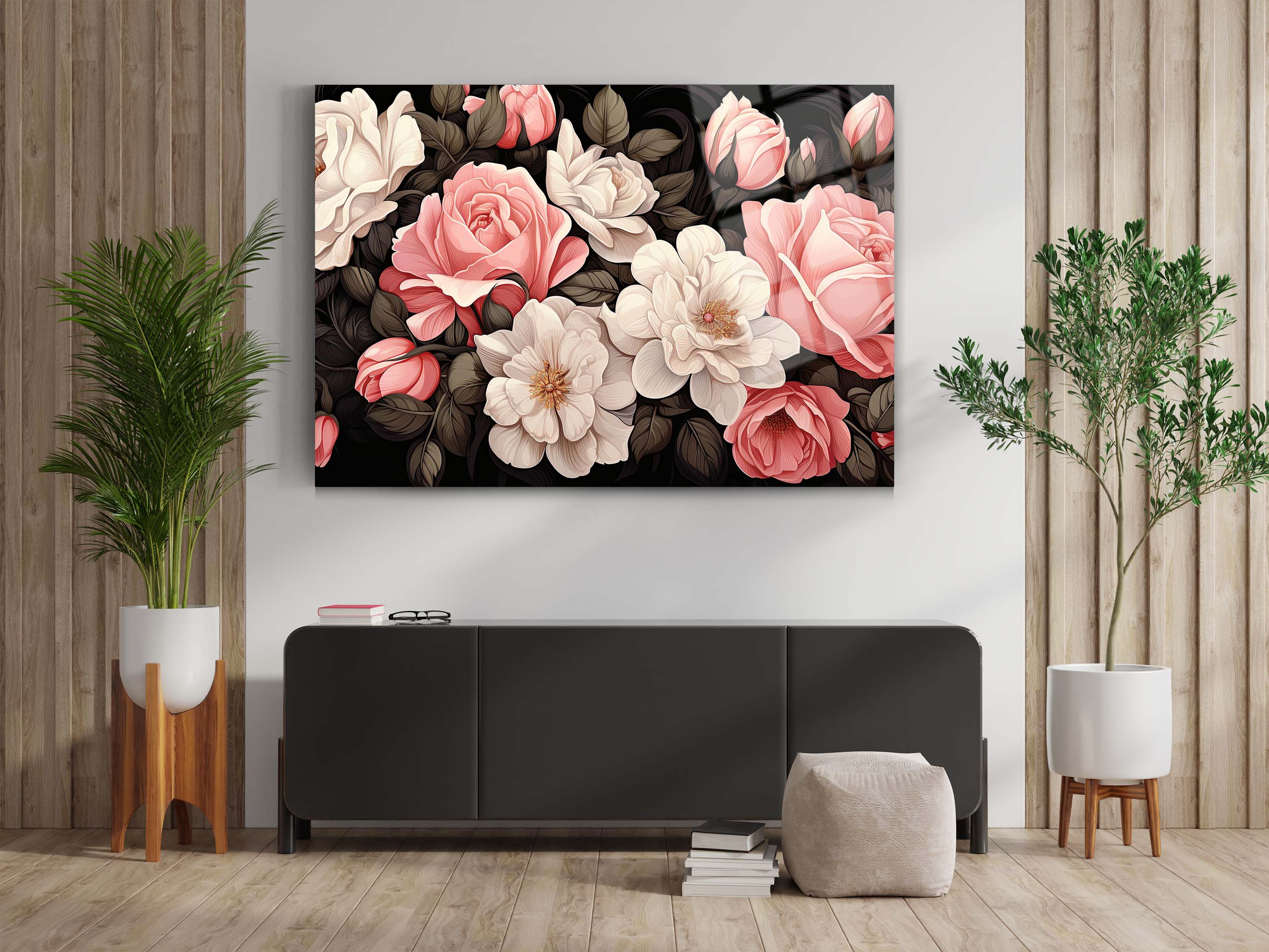 Beyaz Gül Cam Tablo