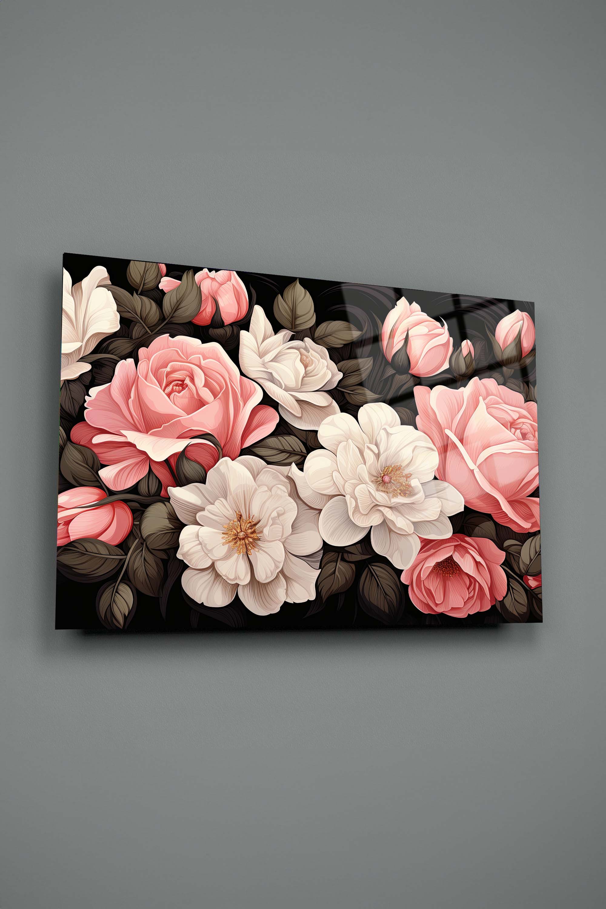 Beyaz Gül Cam Tablo