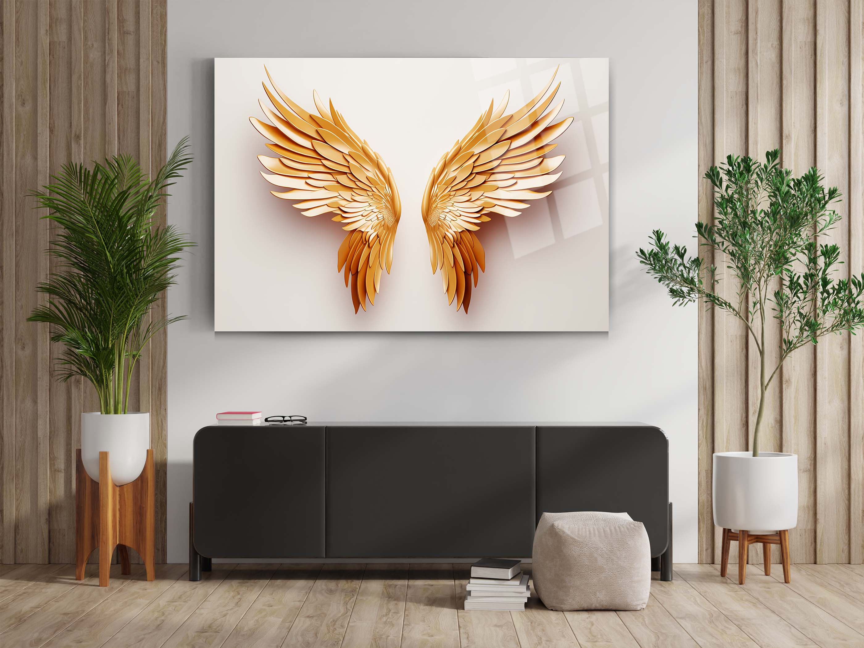 Altın Kanatlar – Melek Kanadı Tasarımlı Cam Tablo 