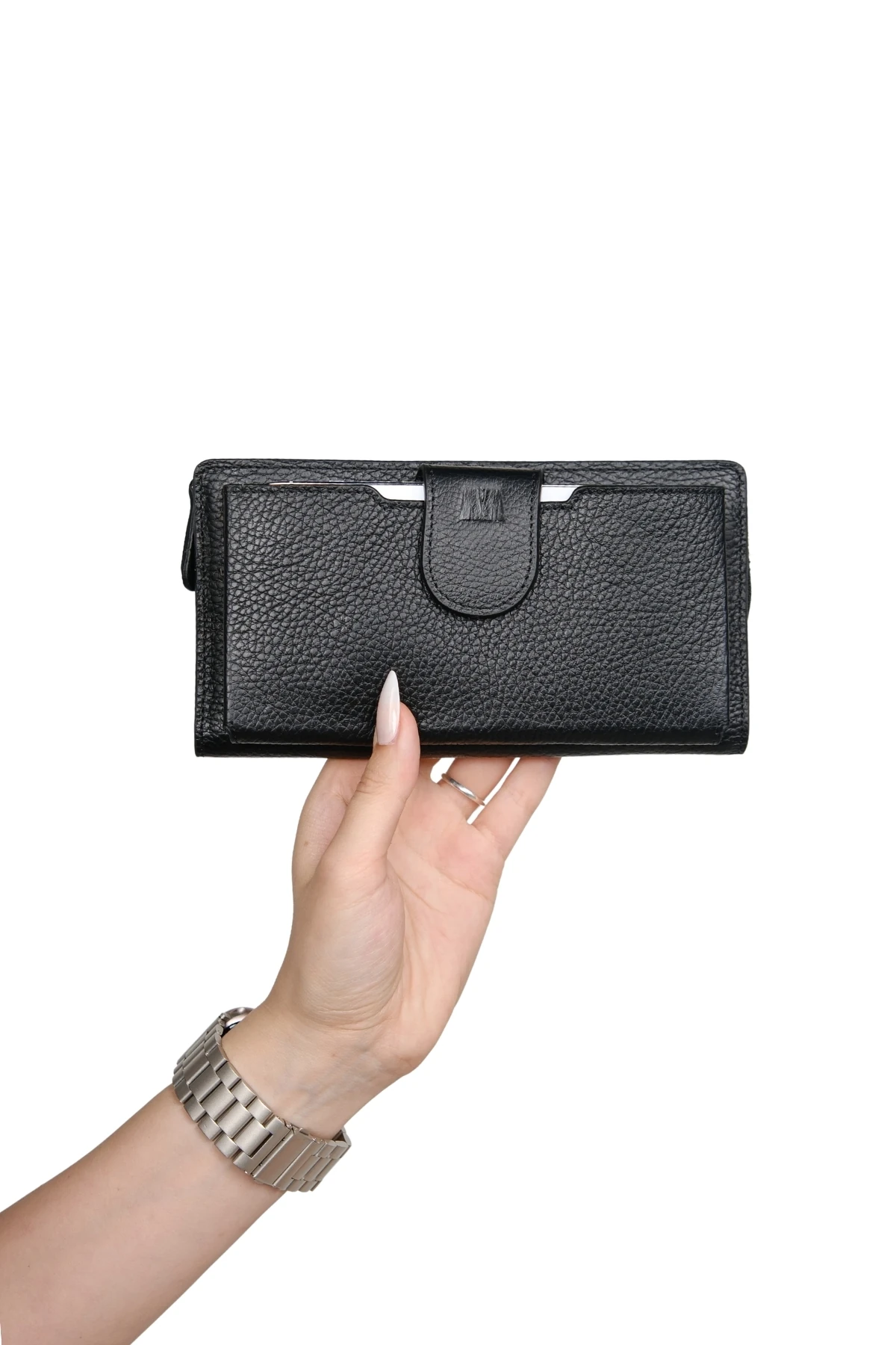 Hakiki Deri Kadın Cüzdan – Telefon Bölmeli, Fermuarlı, Bileklik Askılı, İsim Yazılı, Kişiye Özel | Bulgari 1232 - Flother Mat Siyah