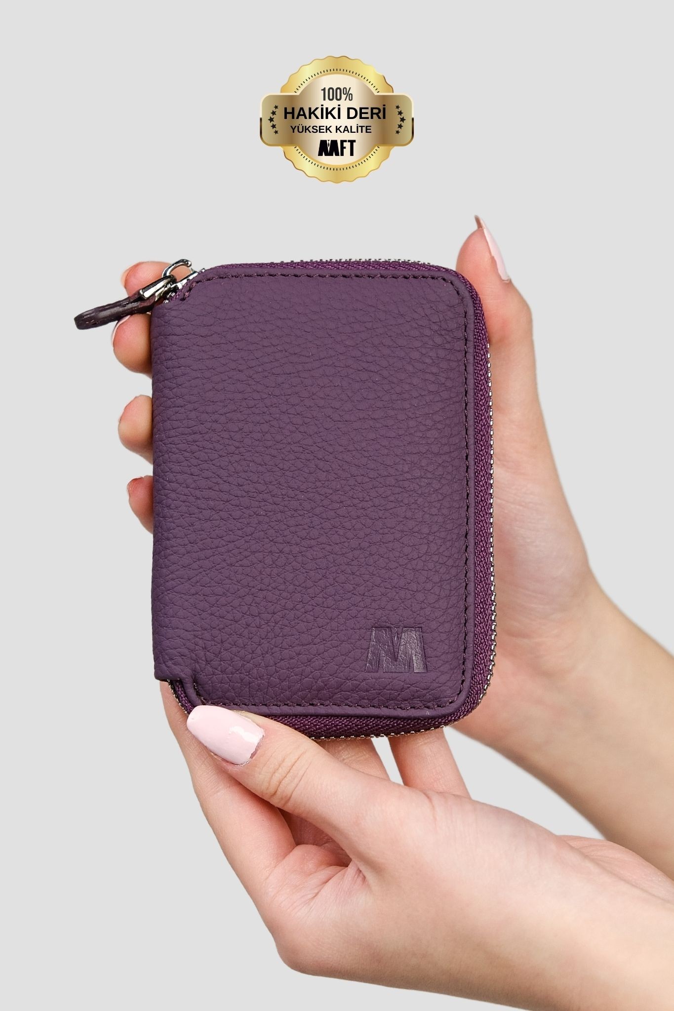 Hakiki Deri Unisex Fermuarlı Cüzdan – Yaprak Bölmeli, İsim Yazılı, Kişiye Özel | Lotus 1616 - Flother Mor
