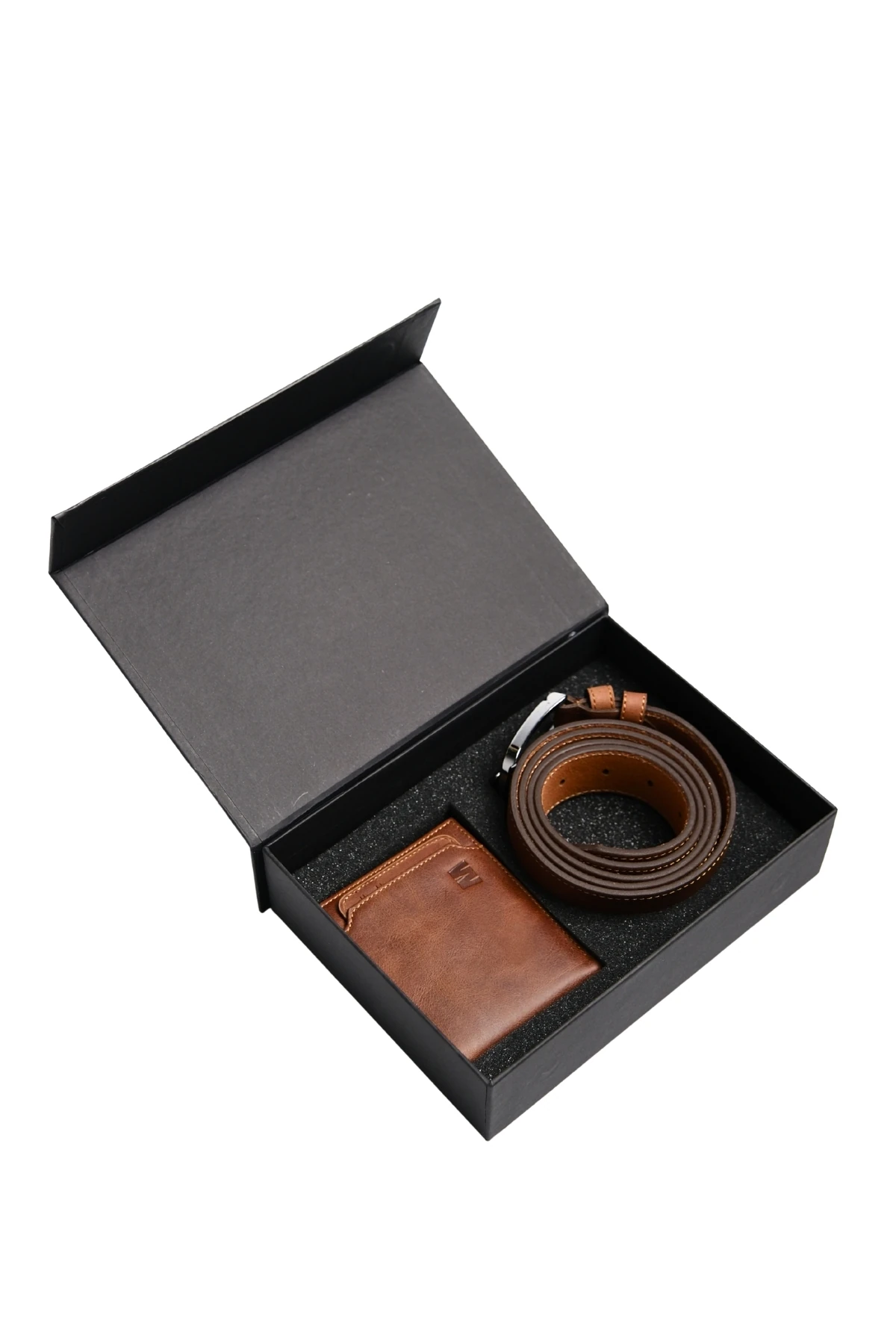 Hakiki Deri Klasik Kemer ve Paris Cüzdan Kutulu Set / Taba