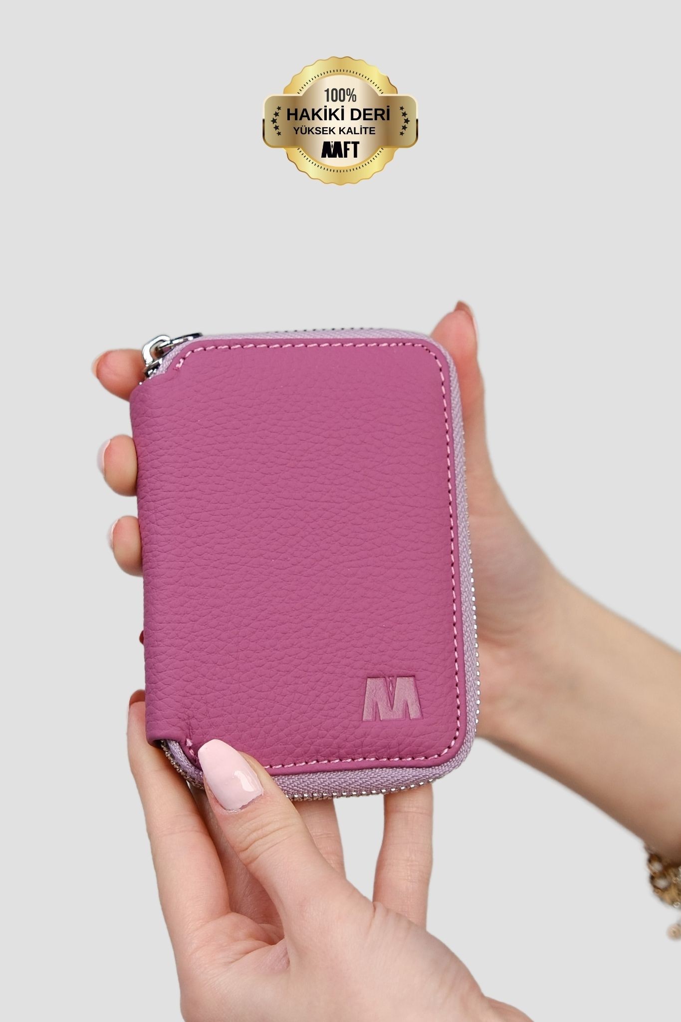 Hakiki Deri Unisex Fermuarlı Cüzdan – Yaprak Bölmeli, İsim Yazılı, Kişiye Özel | Lotus 1616 - Flother Pembe