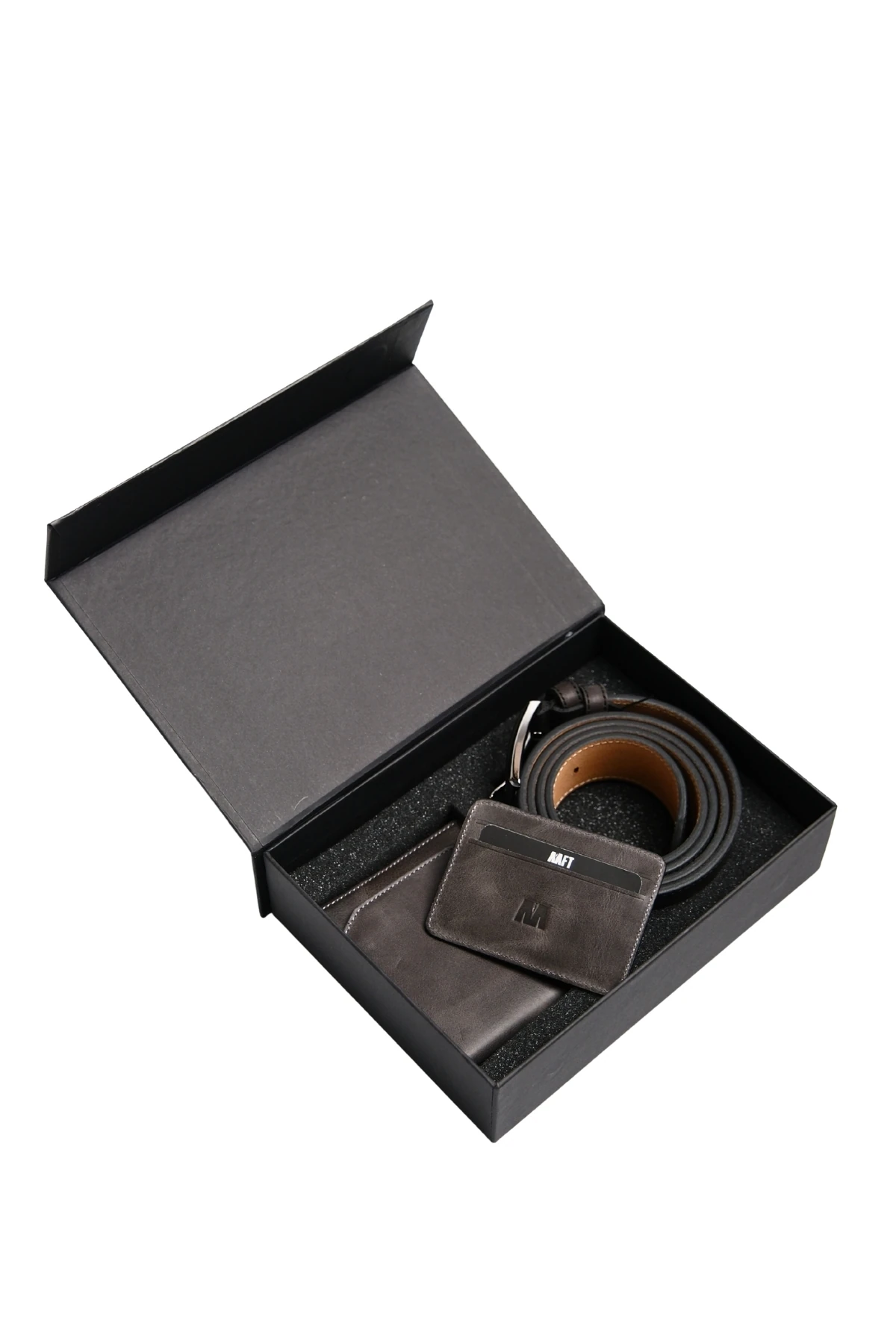 Hakiki Deri Klasik Kemer ve Paris Cüzdan Kutulu Set / Antrasit