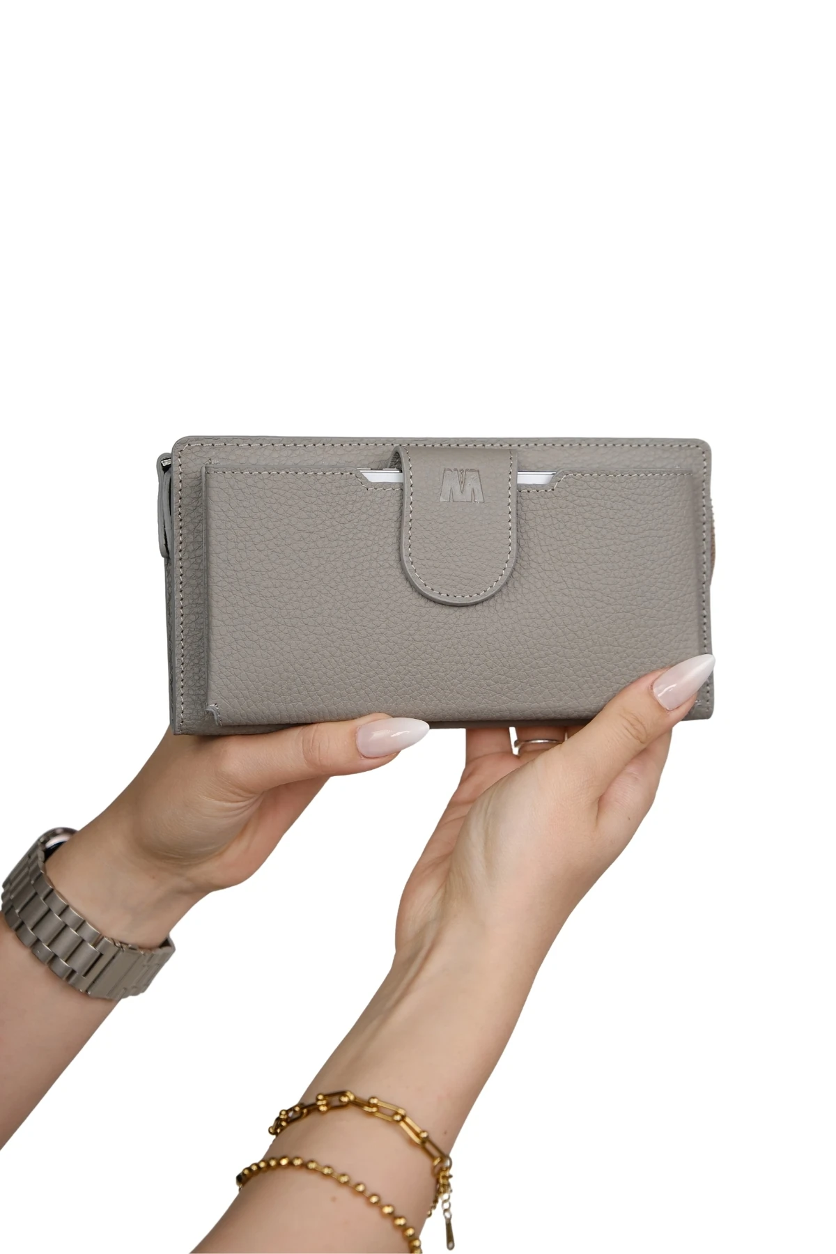 Hakiki Deri Kadın Cüzdan – Telefon Bölmeli, Fermuarlı, Bileklik Askılı, İsim Yazılı, Kişiye Özel | Bulgari 1232 - Flother Mat Vizon