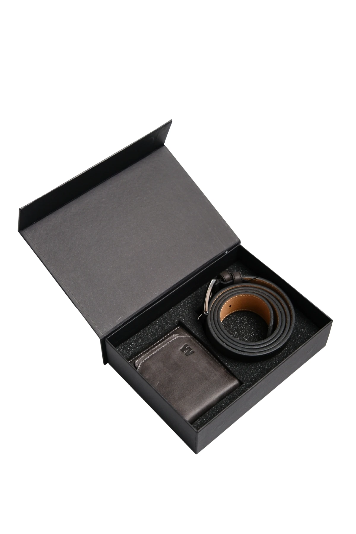 Hakiki Deri Klasik Kemer ve Paris Cüzdan Kutulu Set / Antrasit