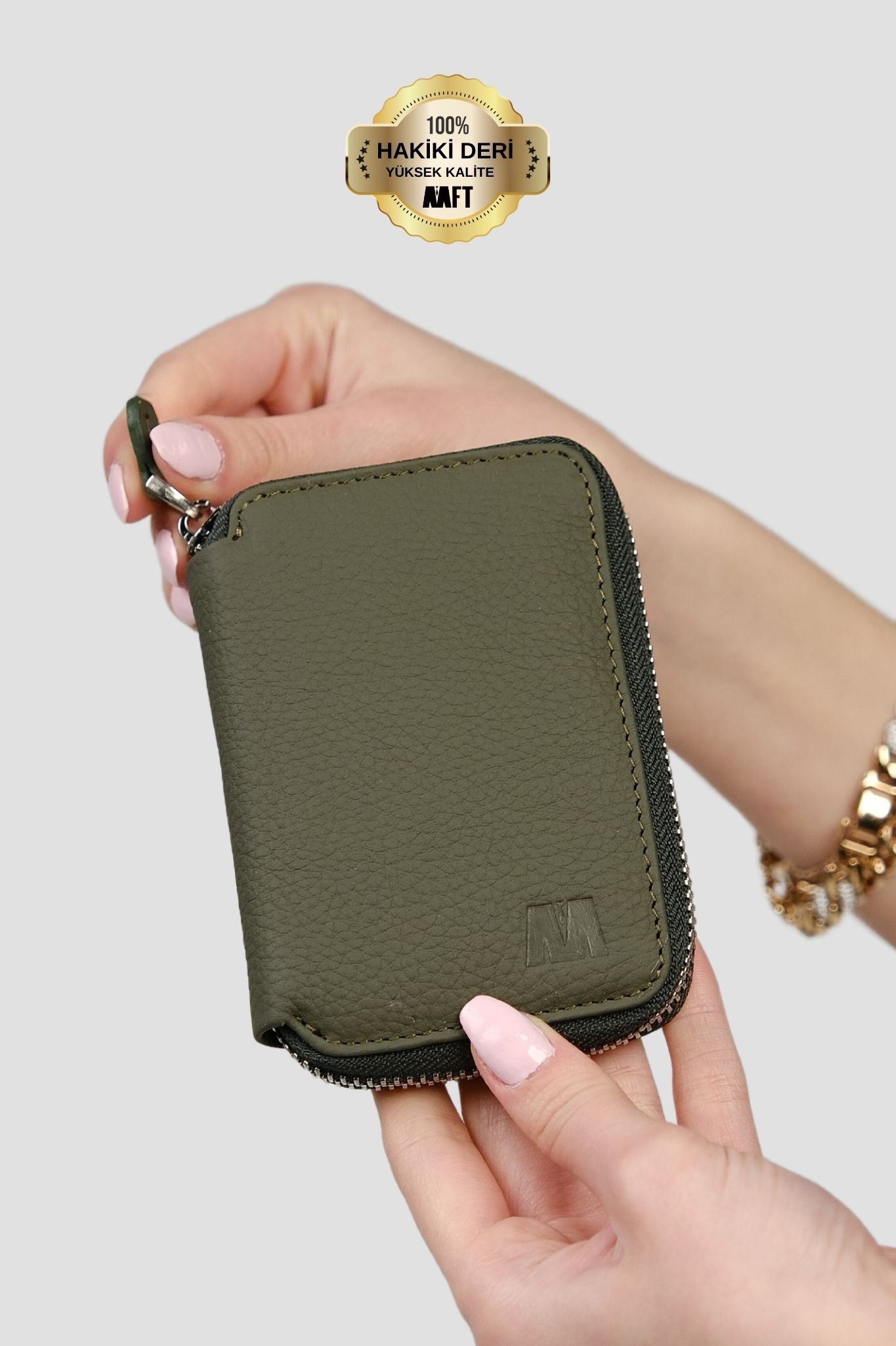 Hakiki Deri Unisex Fermuarlı Cüzdan – Yaprak Bölmeli, İsim Yazılı, Kişiye Özel | Lotus 1616 - Flother Haki