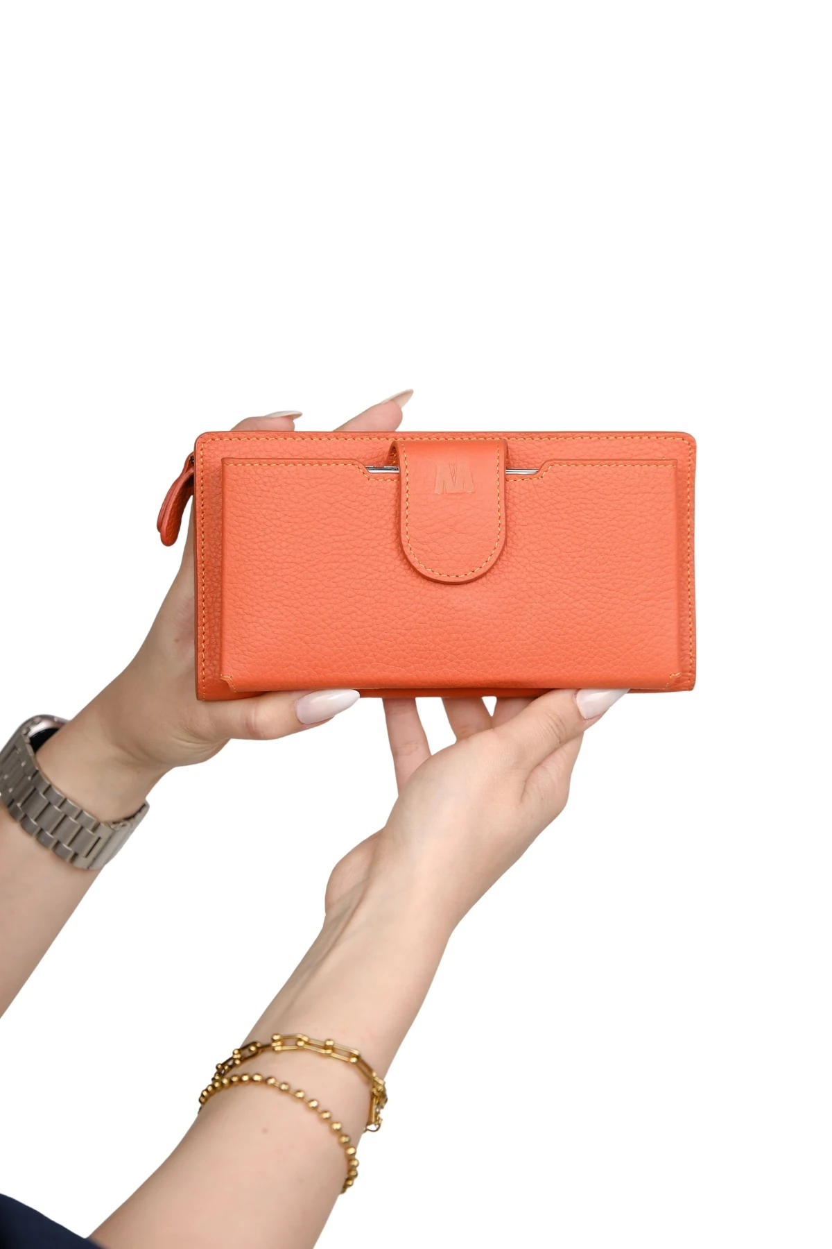 Hakiki Deri Kadın Cüzdan – Telefon Bölmeli, Fermuarlı, Bileklik Askılı, İsim Yazılı, Kişiye Özel | Bulgari 1232 - Flother Mat Turuncu