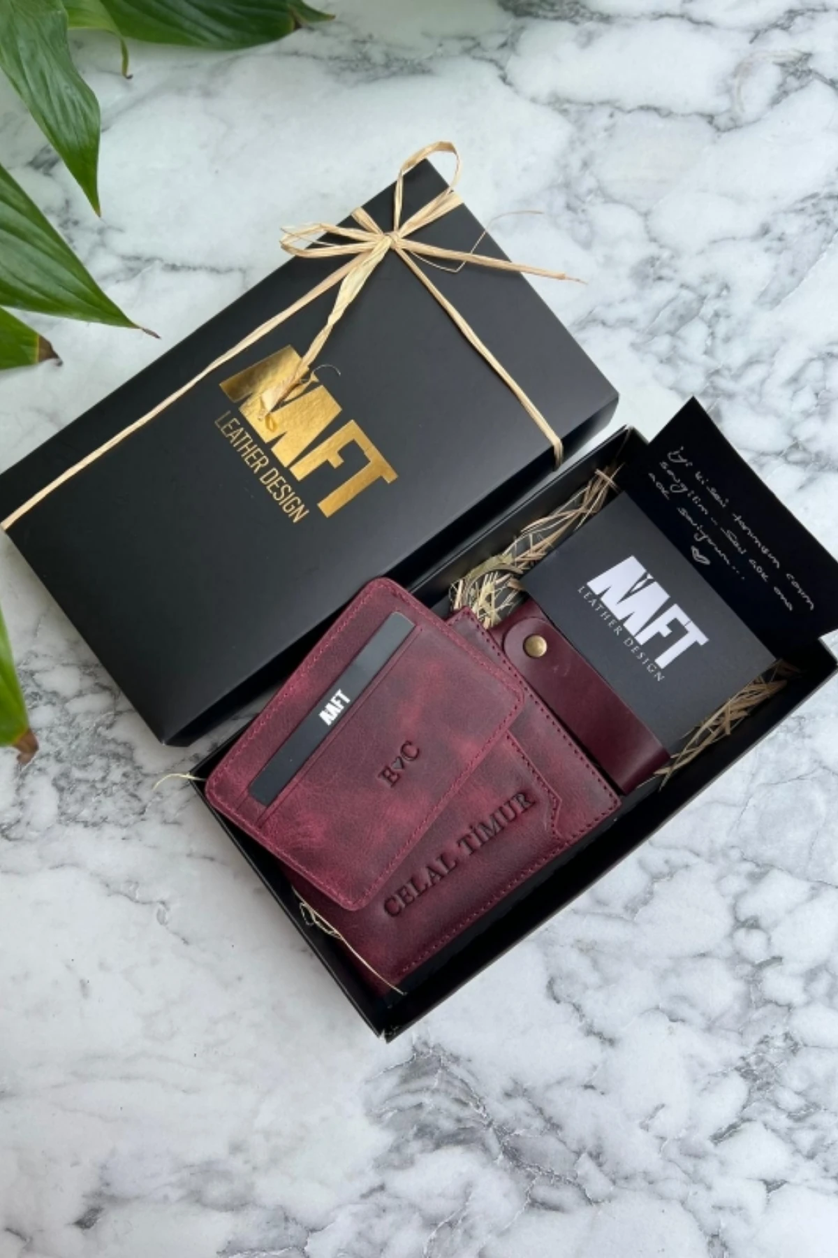 Hakiki Deri Erkek Cüzdan Seti - İsim Yazılı, Kişiye Özel Kartlık ve Anahtarlık | Paris 1204 - Tiguan Bordo