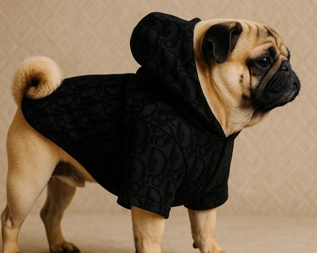 DİOR Köpek Kıyafeti, Siyah Desenli Kapüşonlu Ceket, Düğmeli, Lüks Pet Ceket