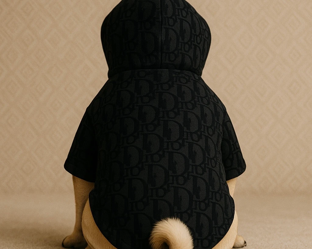 DİOR Köpek Kıyafeti, Siyah Desenli Kapüşonlu Ceket, Düğmeli, Lüks Pet Ceket
