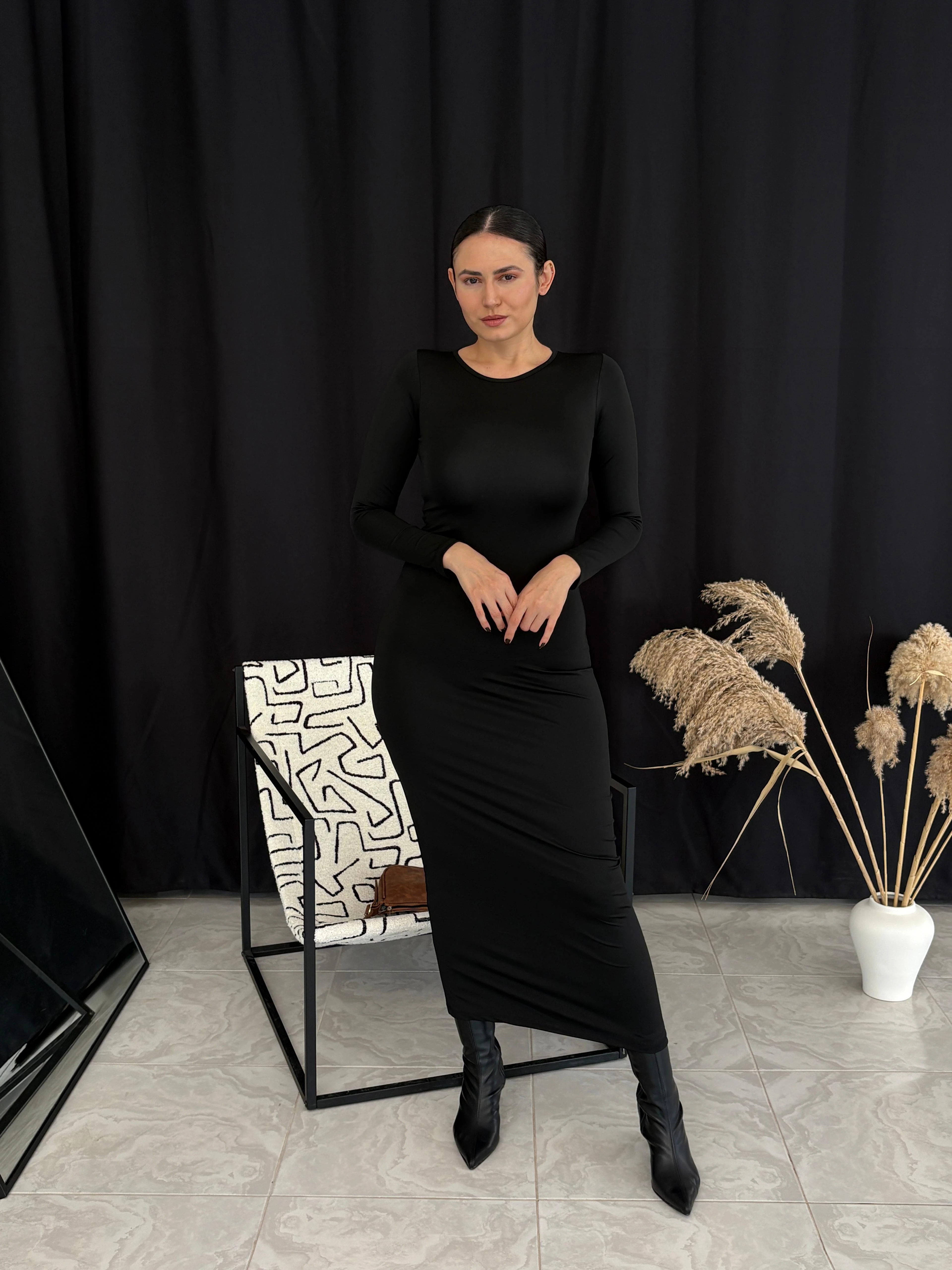 Uzun Kollu Toparlayıcı Maxi Elbise