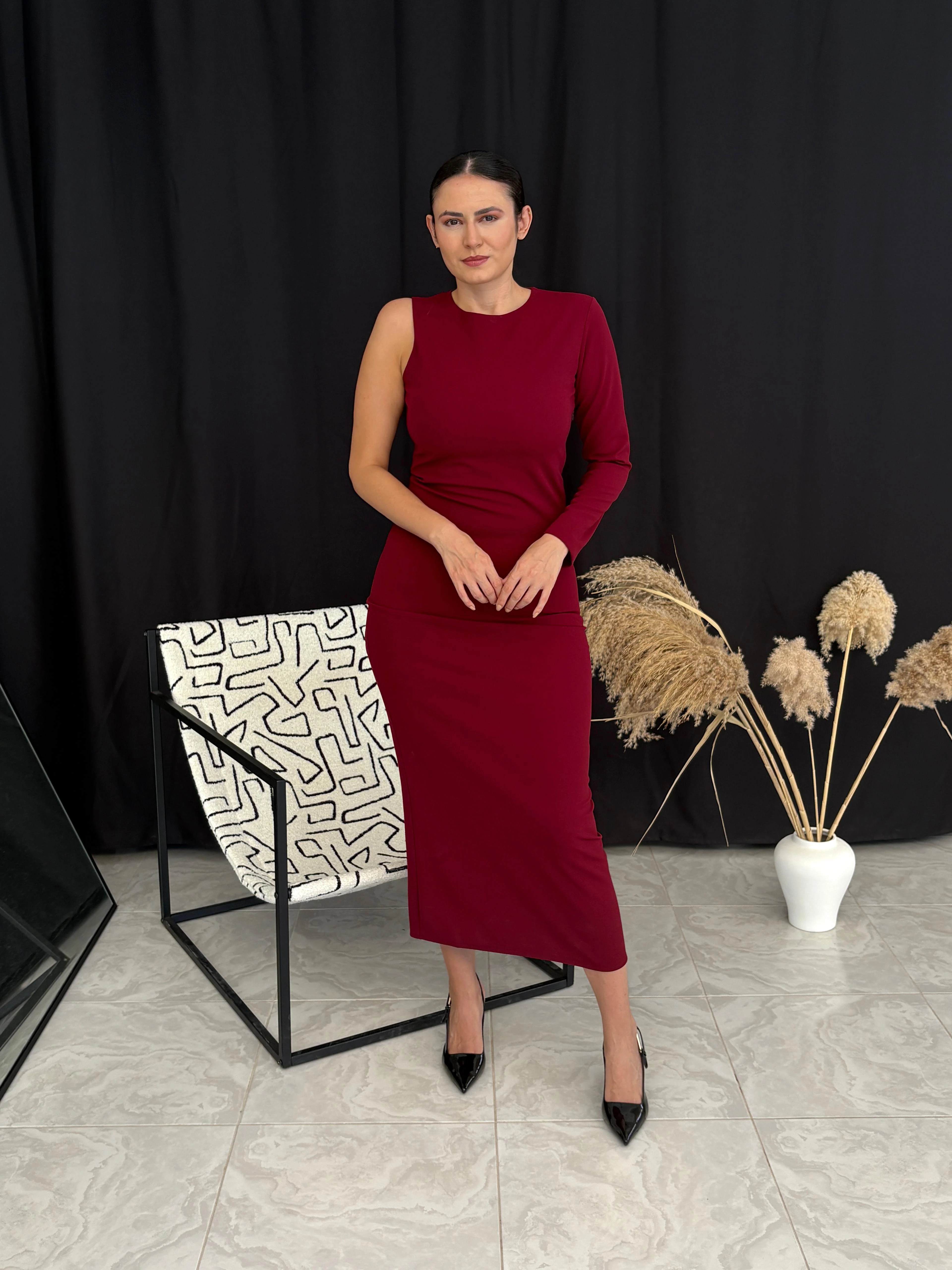 Massimo Model Tek Kollu Elbise  - Bordo