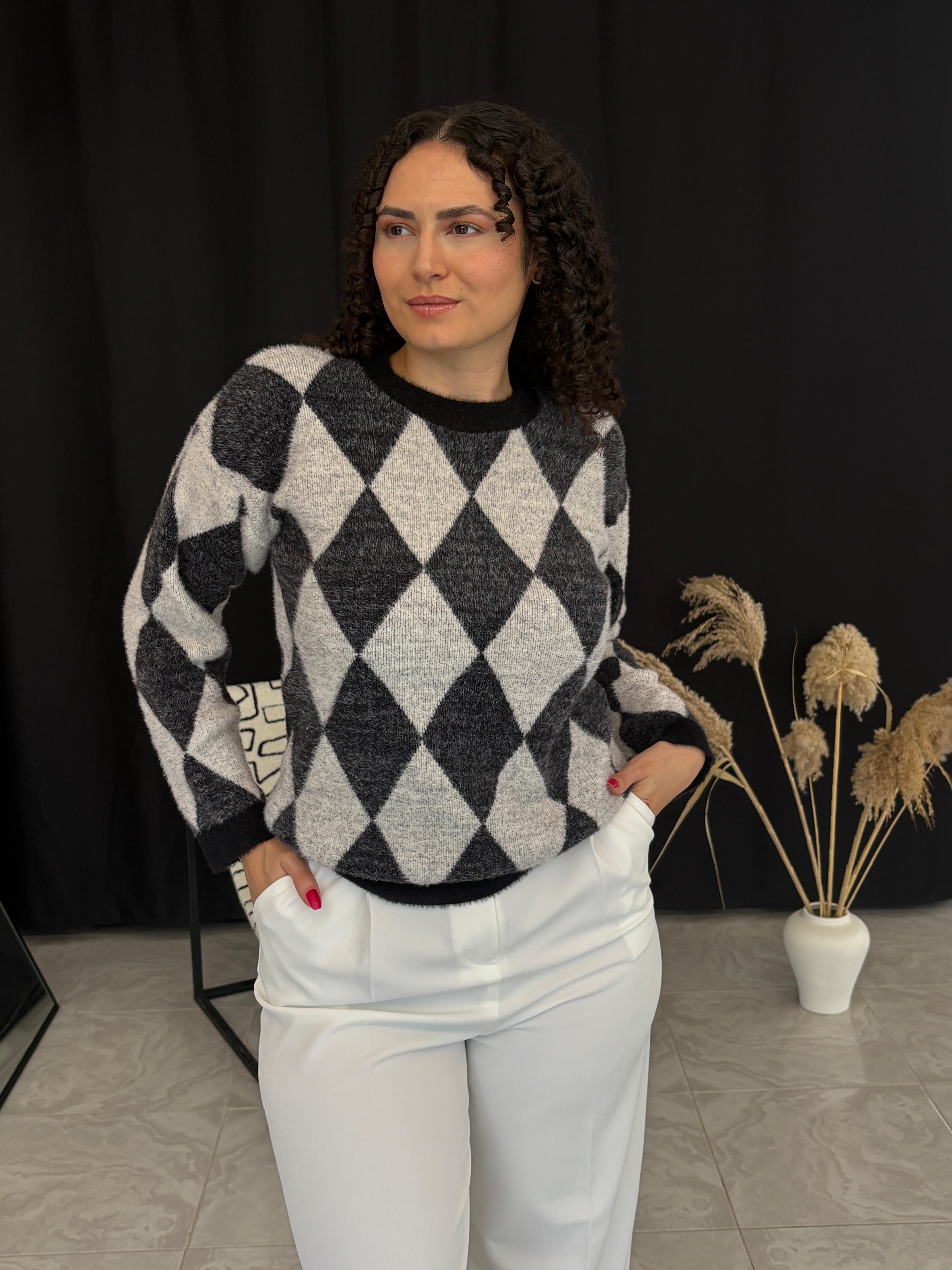 Jakarlı Argyle Model Kazak - Gri