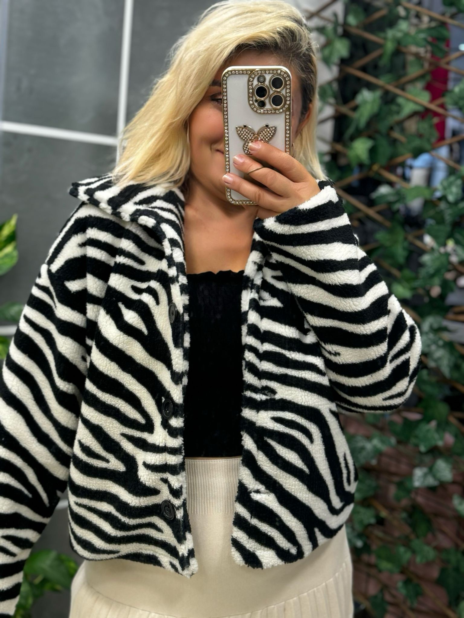 zebra desen peluş mont