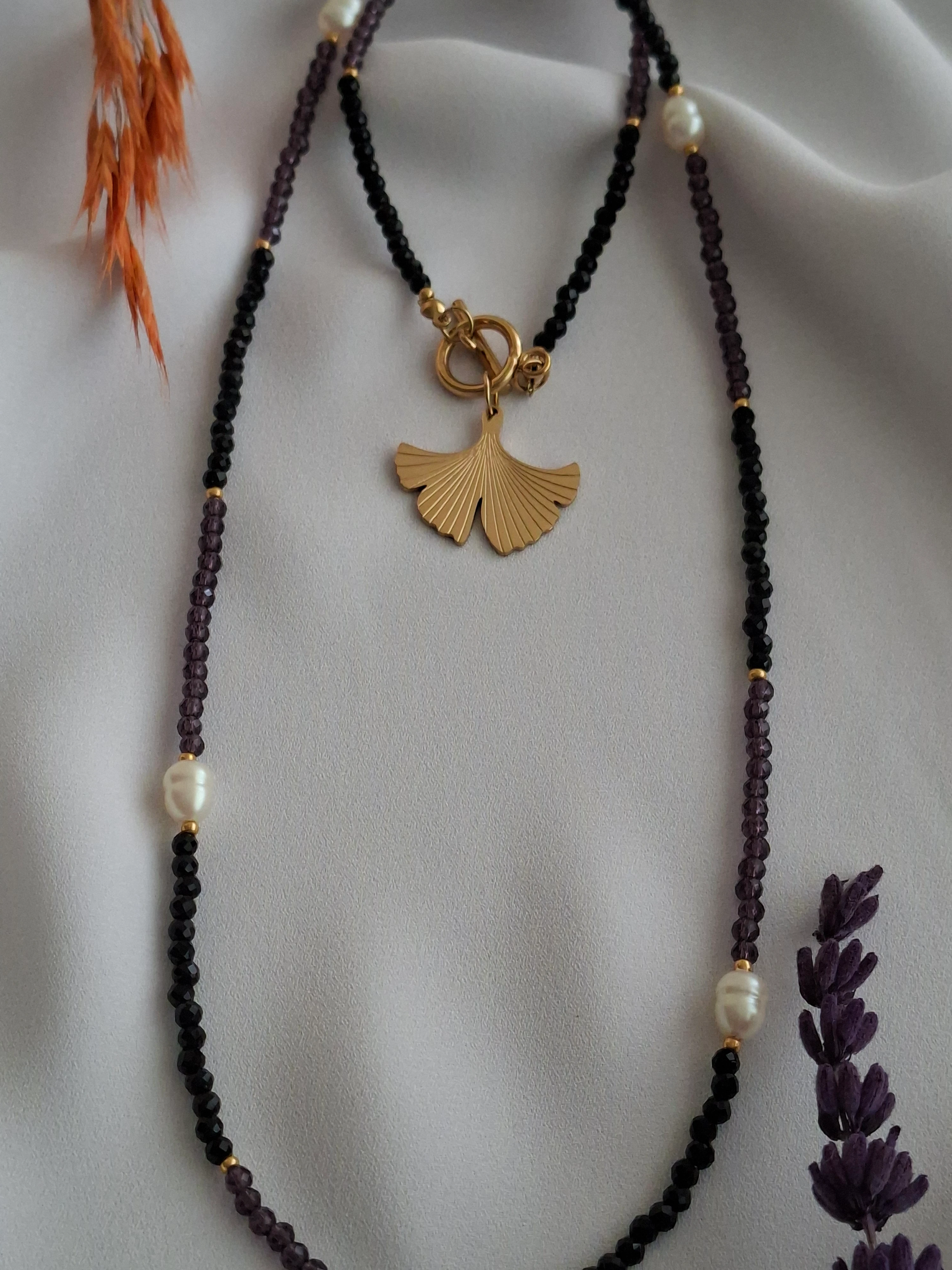 Çelik İncili Mor Taşlı Melek Kolye image