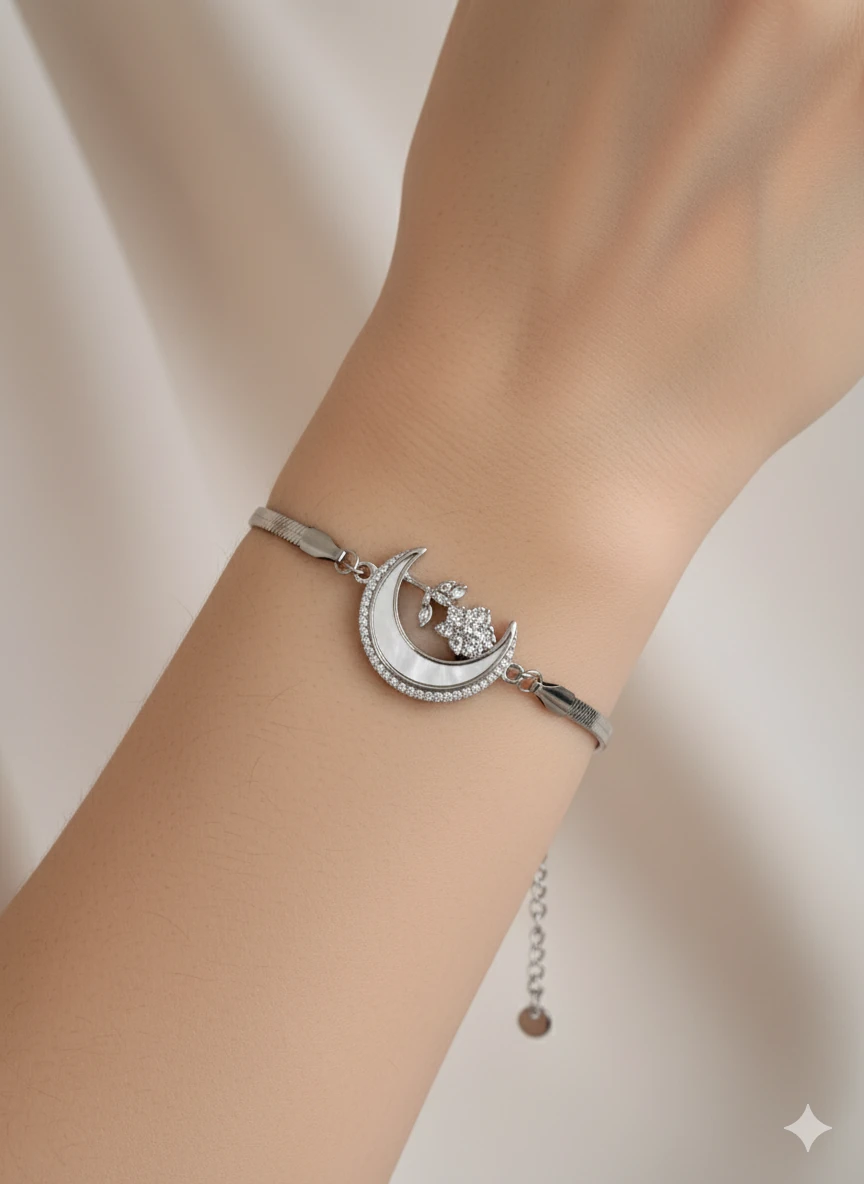 Çelik İtalyan Ay ve Gül Motifli Silver Bileklik