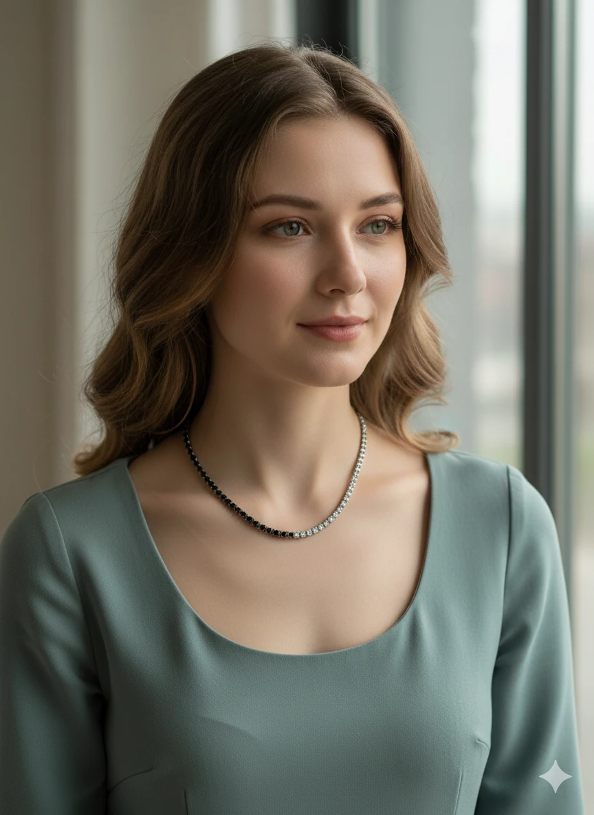 Çelik Siyah Beyaz Taşlı Silver Kolye