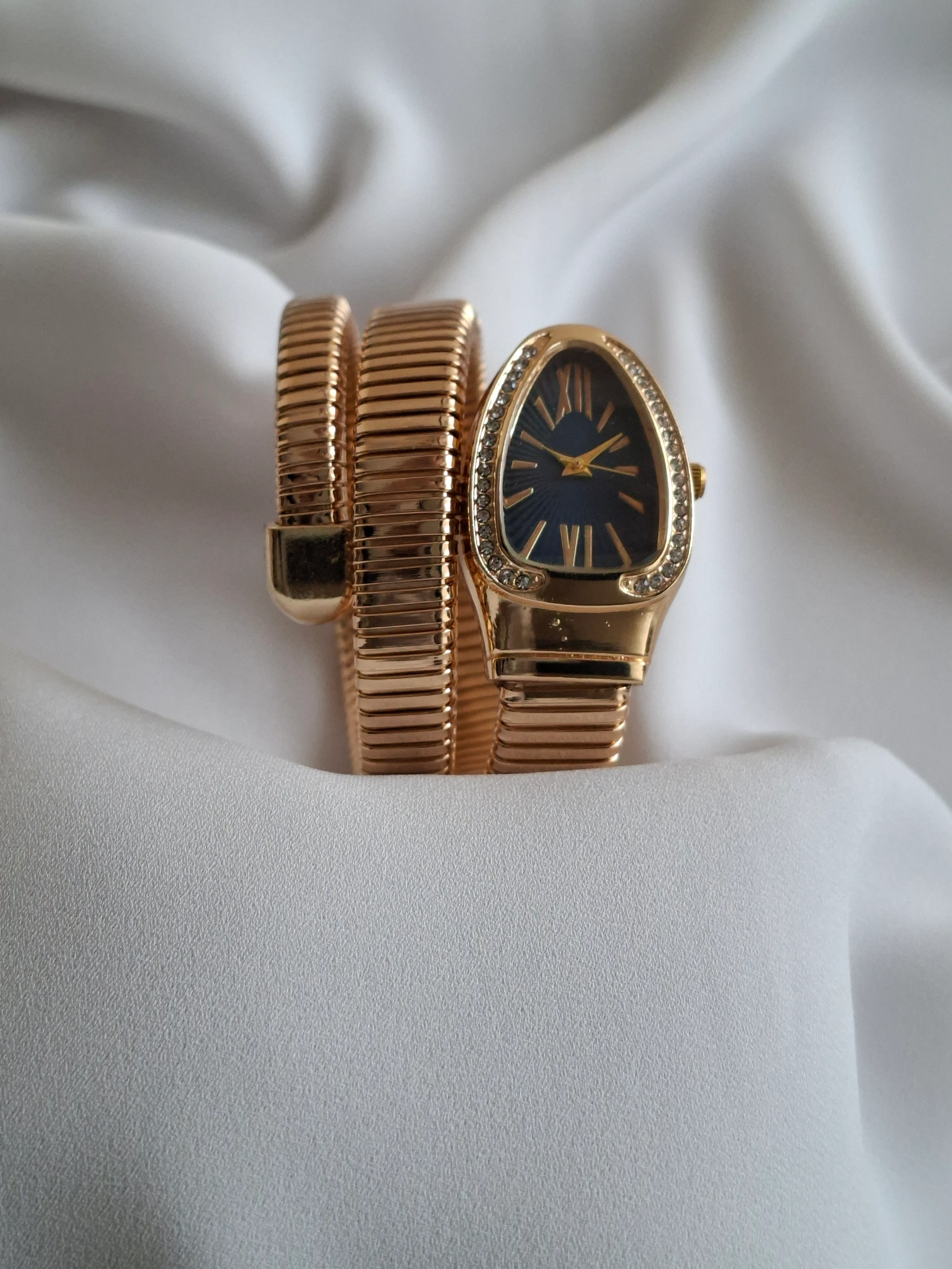 Gold Renk Lacivert Kadranlı Yılan Saat image