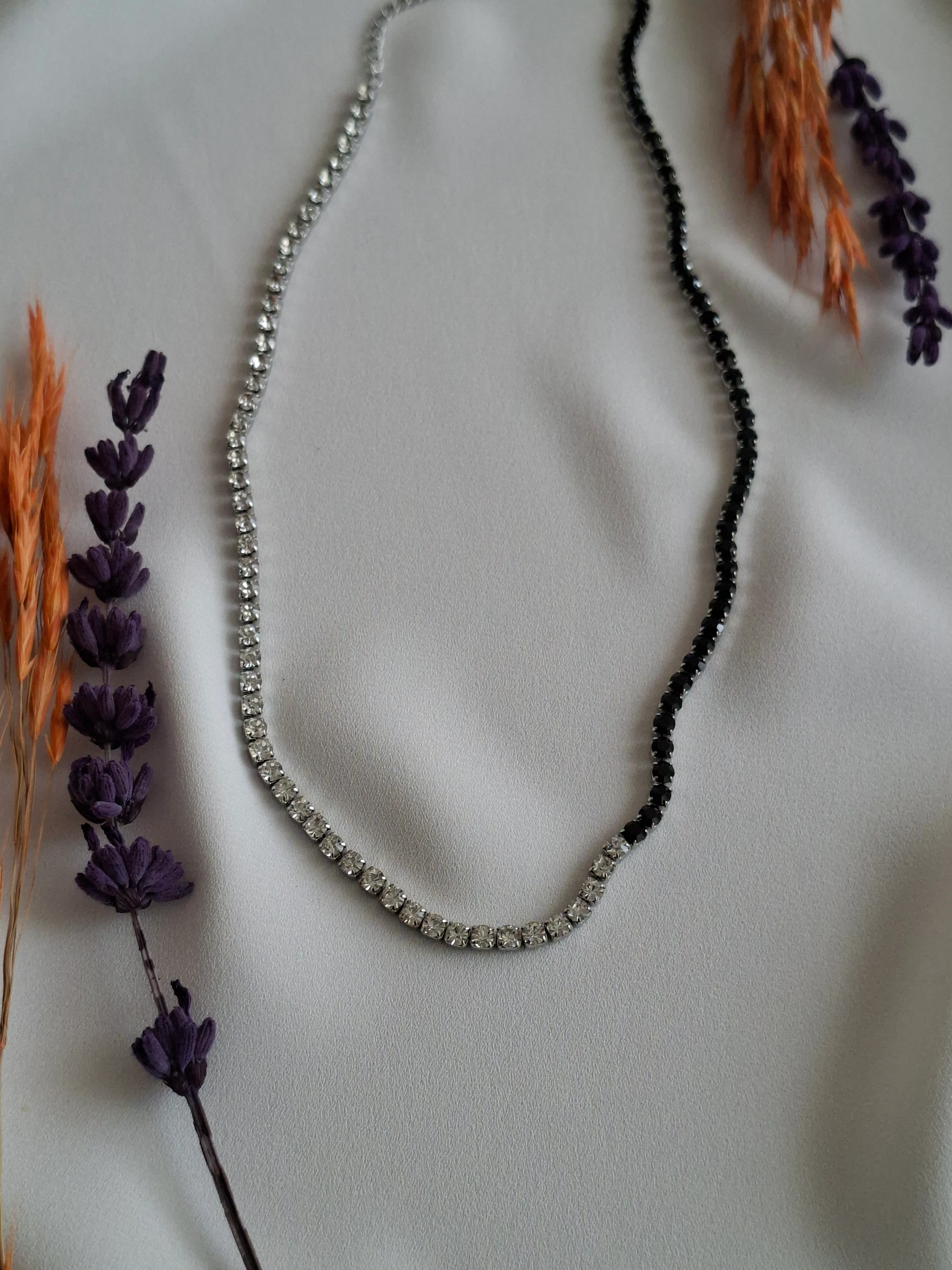 Çelik Siyah Beyaz Taşlı Silver Kolye image