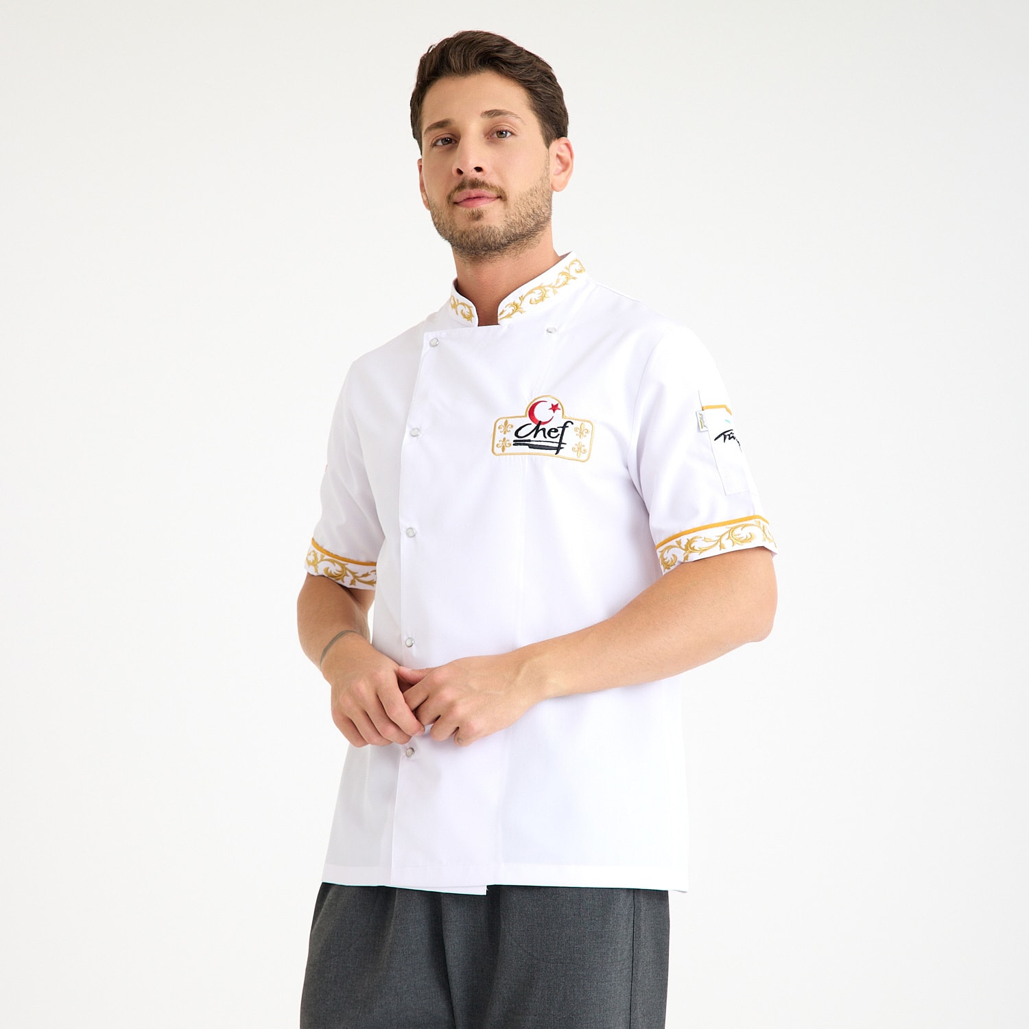 Beyaz Chef Motifli Kısa Kol Aşçı Ceketi