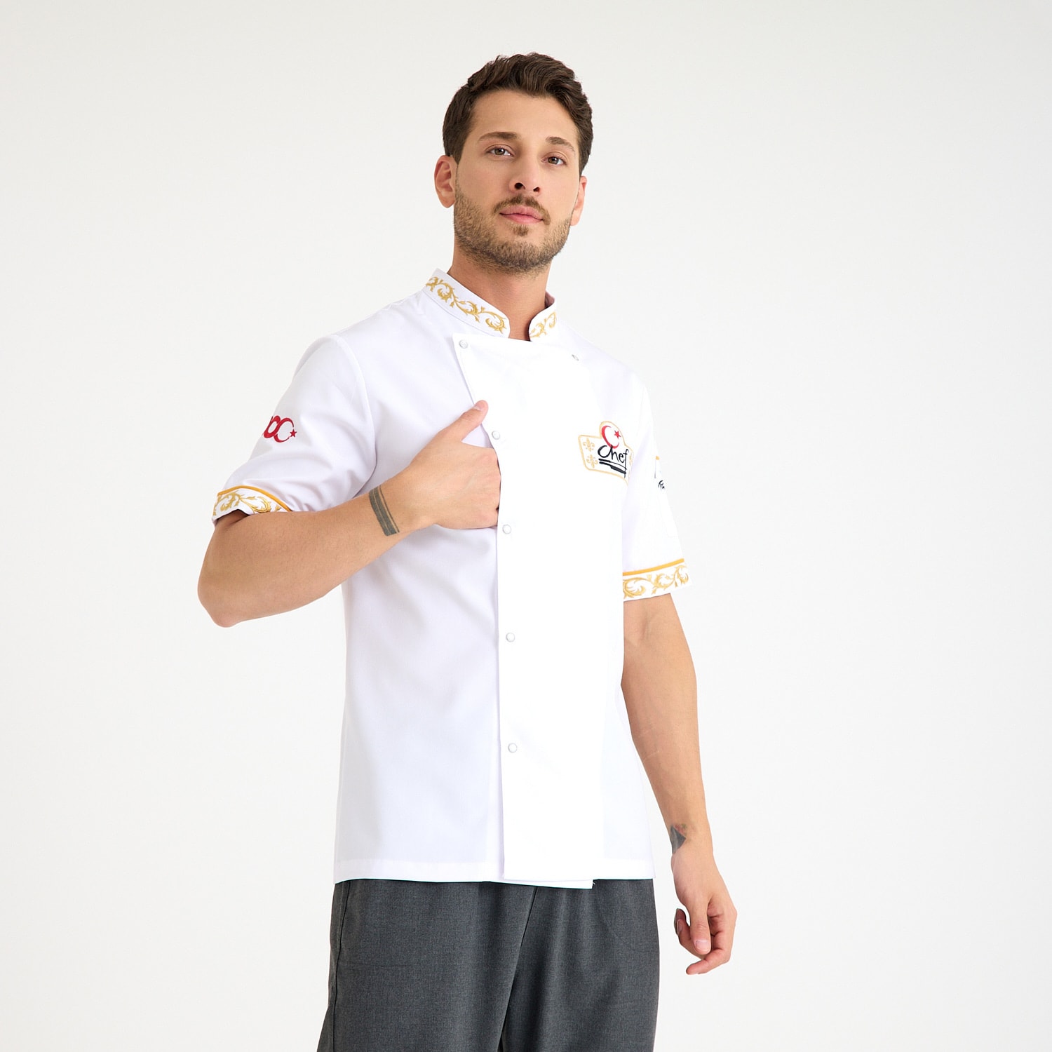 Beyaz Chef Motifli Kısa Kol Aşçı Ceketi