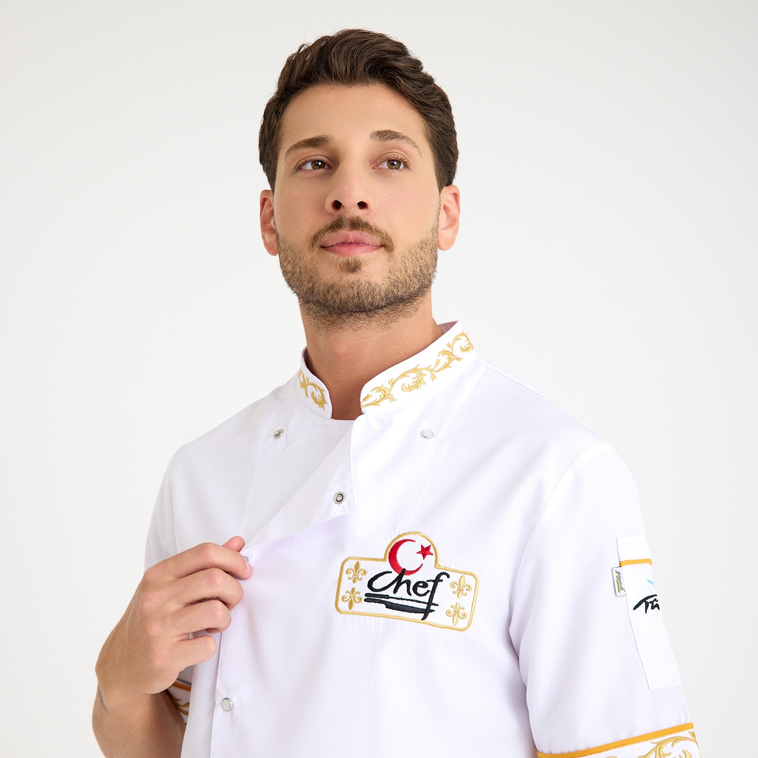 Beyaz Chef Motifli Kısa Kol Aşçı Ceketi