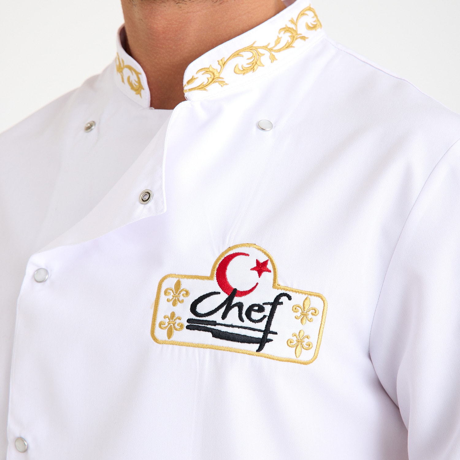 Beyaz Chef Motifli Kısa Kol Aşçı Ceketi