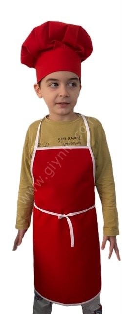 Kırmızı Çocuk Askılı Önlük Mantar Kep Takımı