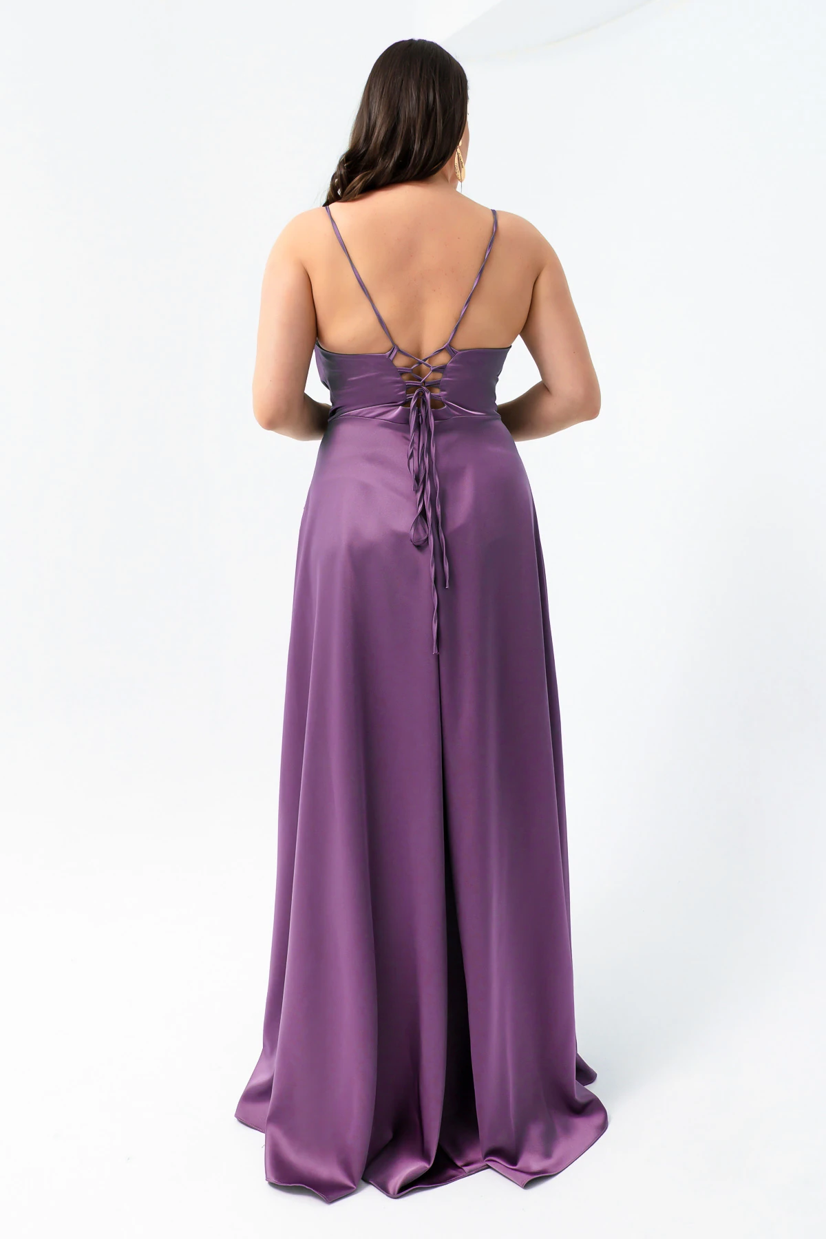 Kadın Volanlı Yırtmaçlı Büyük Beden Saten Abiye Mezuniyet Elbisesi - Lavanta