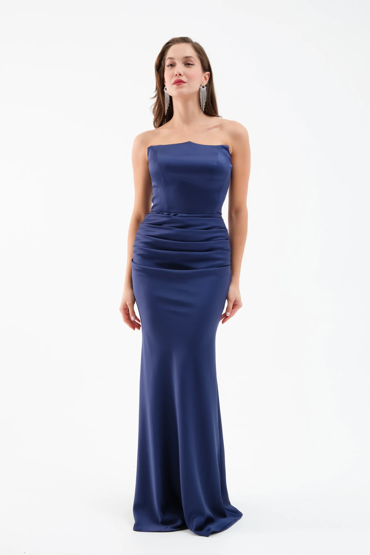 Kadın Straplez Uzun Saten Söz Nişan Abiye Elbise - Lacivert
