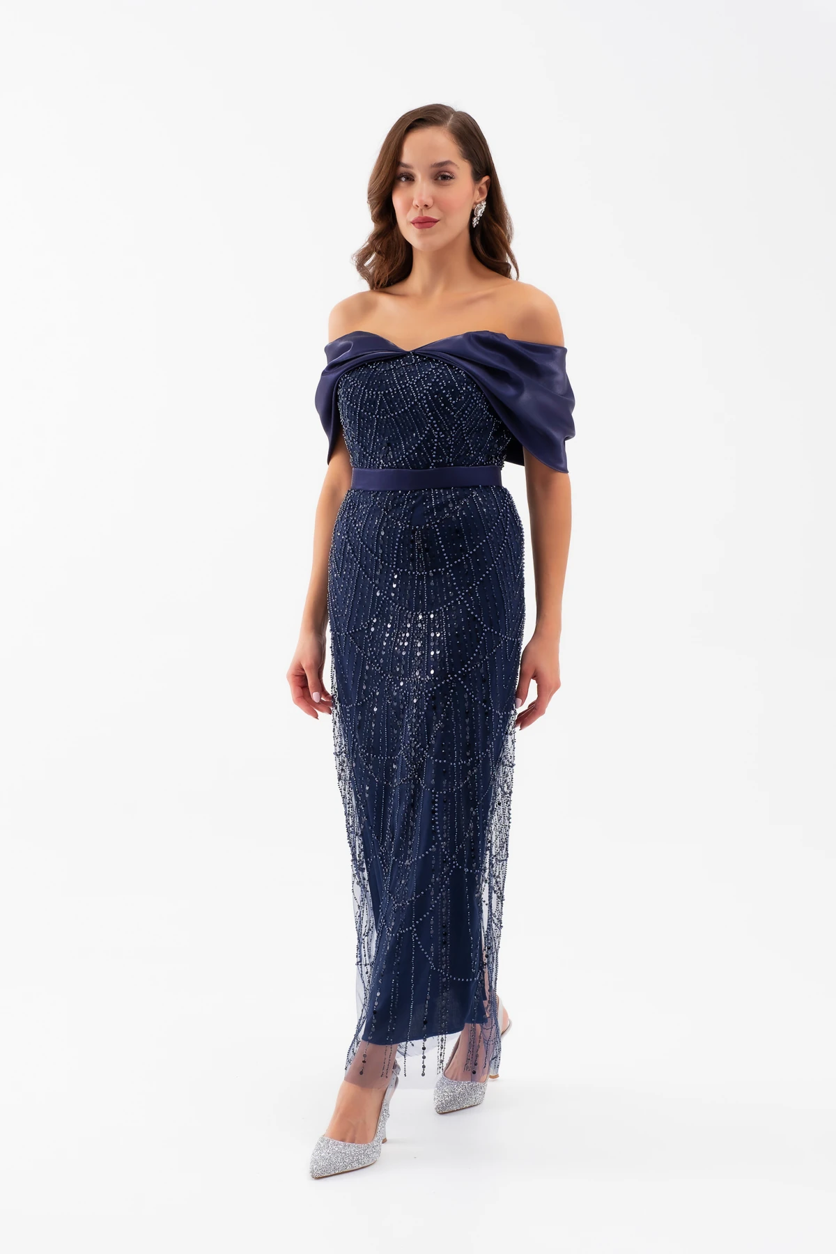 Kadın Kayık Yaka Midi Boncuklu Abiye Elbise - Lacivert