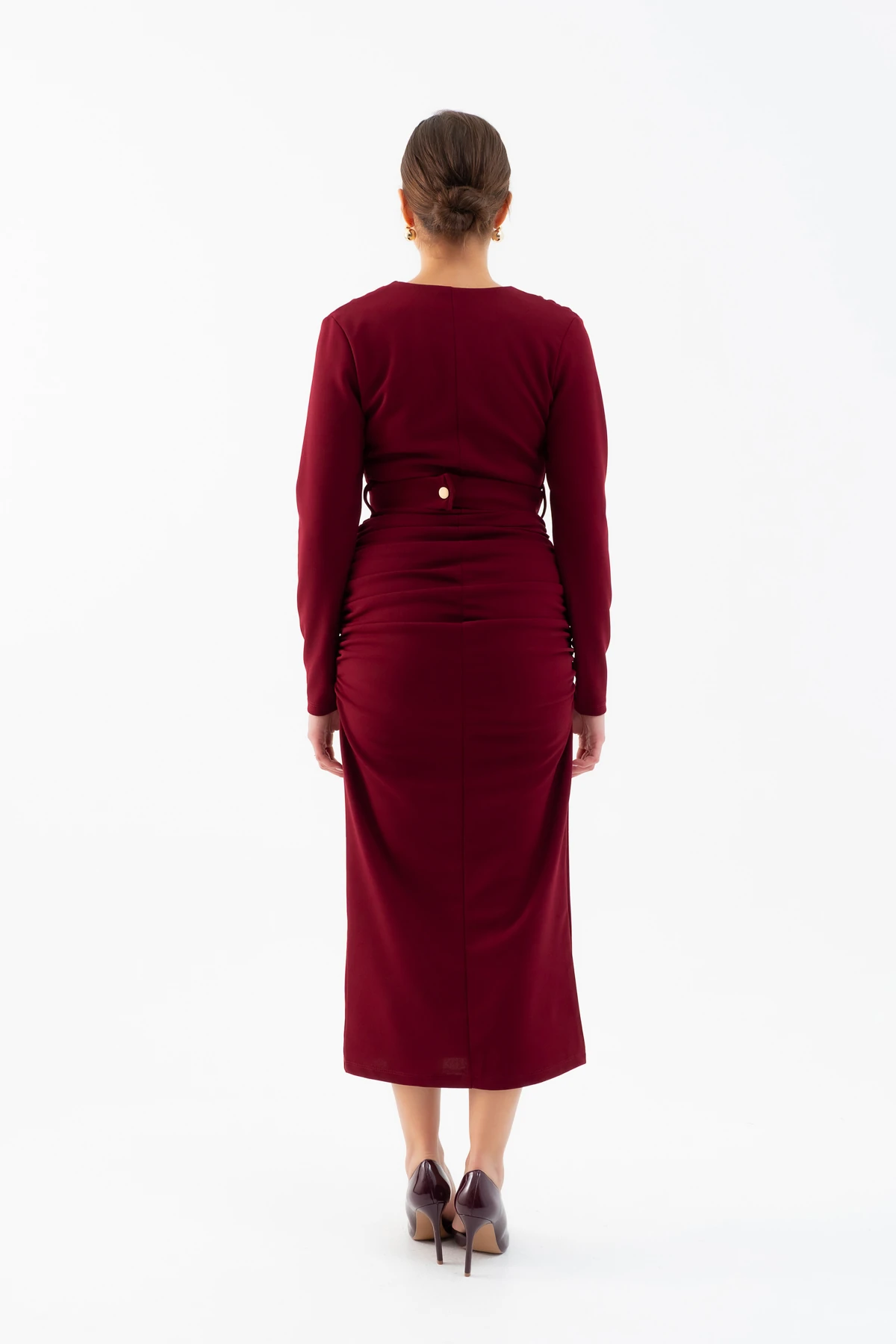 Kadın Kemerli Büzgü Detay Uzun Elbise - Bordo