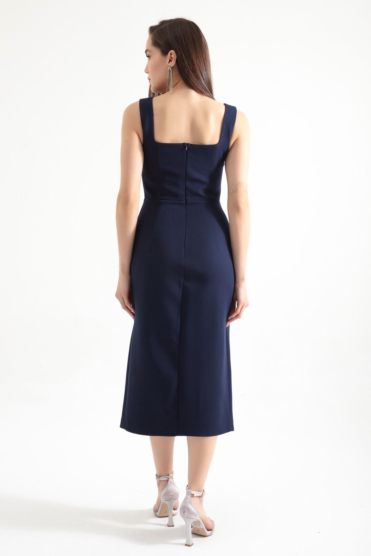 Kadın Kare Yaka Yırtmaçlı Midi Elbise - Lacivert