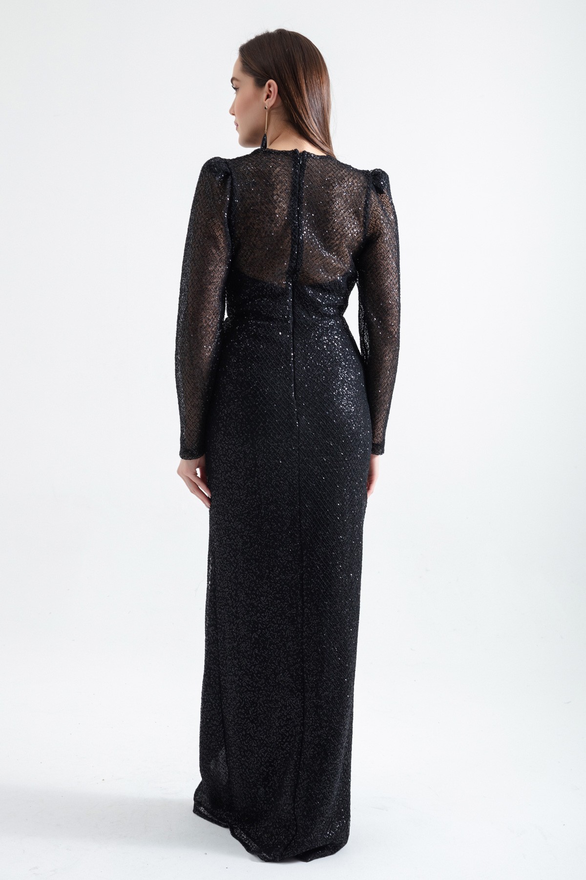 Kadın V Yaka Yırtmaçlı Uzun Abiye Elbise - Siyah