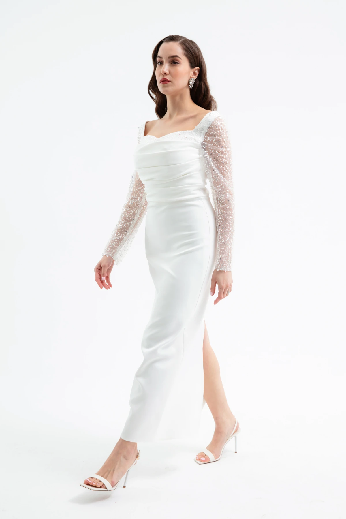 Kadın Kalp Yaka Kolları Payetli Midi Söz Nişan Nikah Abiye Elbise - Beyaz