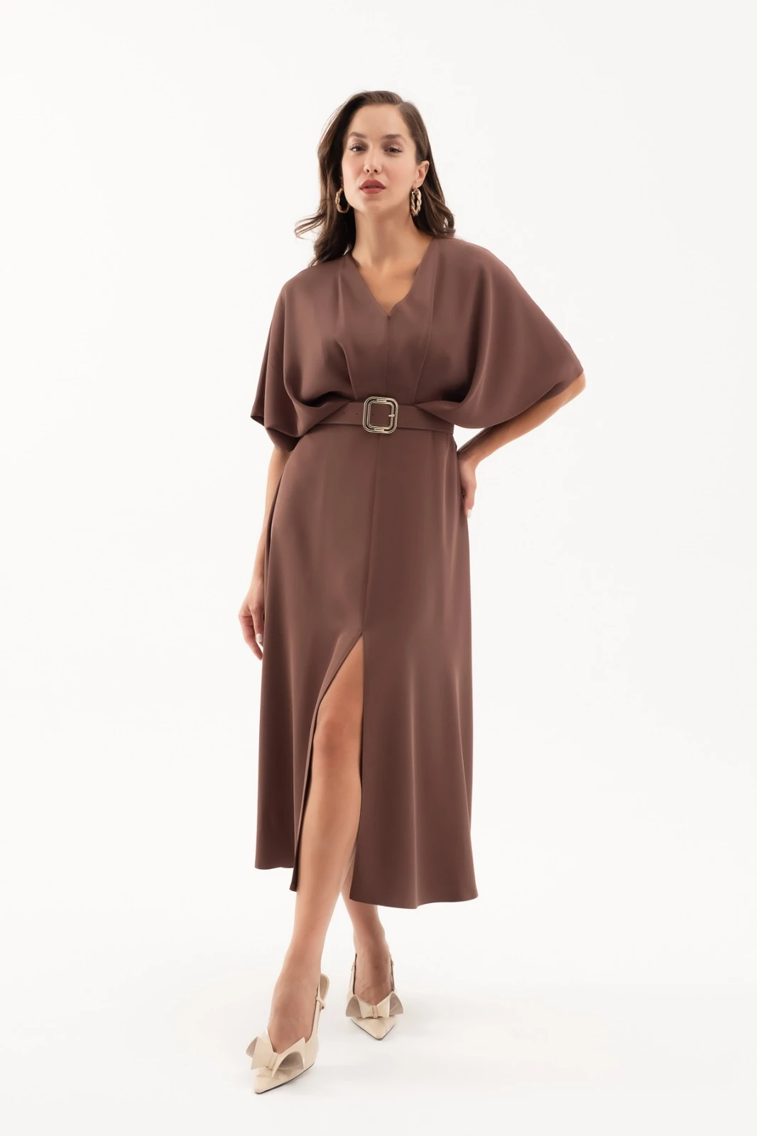 Kadın V Yaka Kemerli Midi Davet Elbisesi - Kahverengi