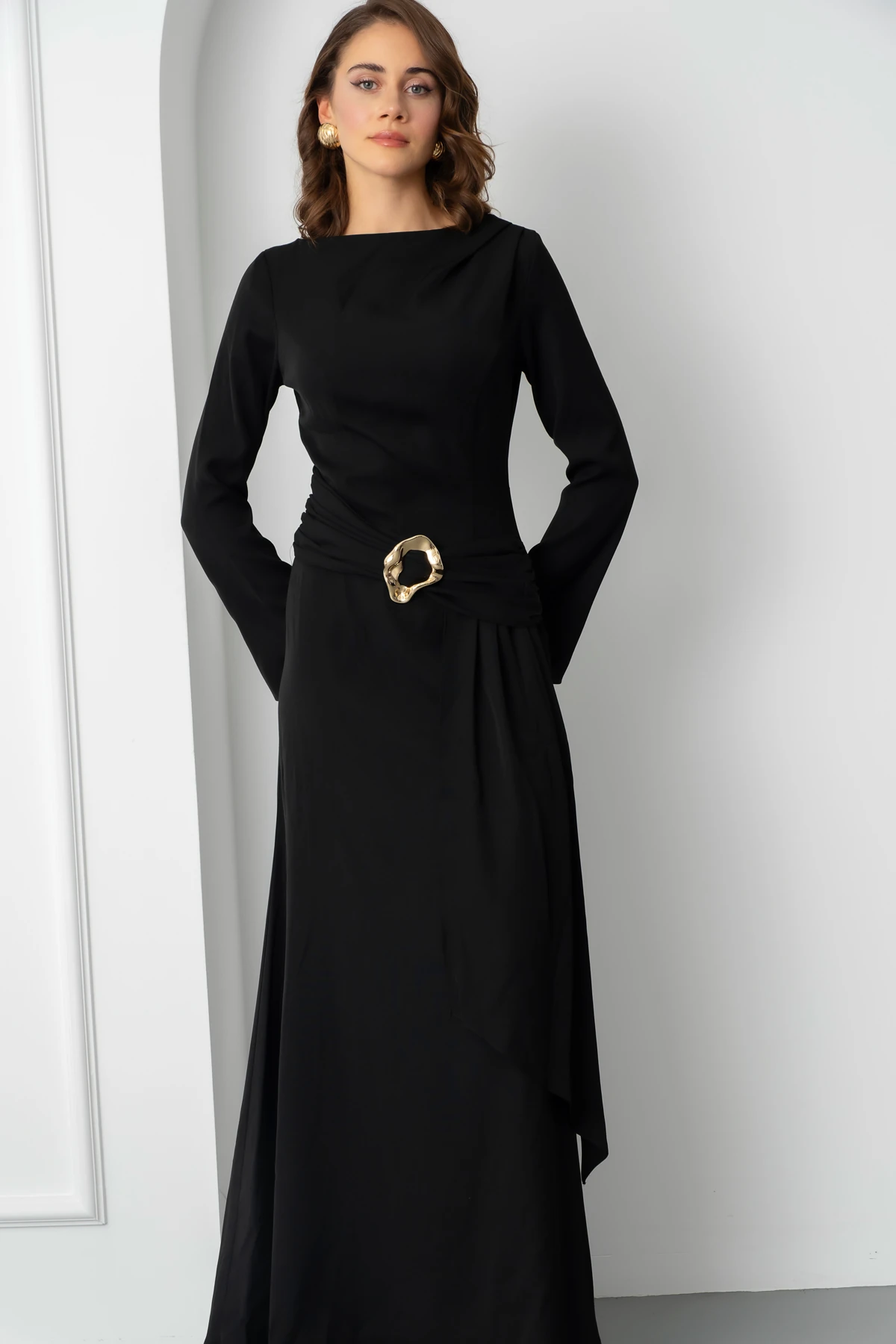 Kadın Aksesuar Detay Uzun Elbise - Siyah