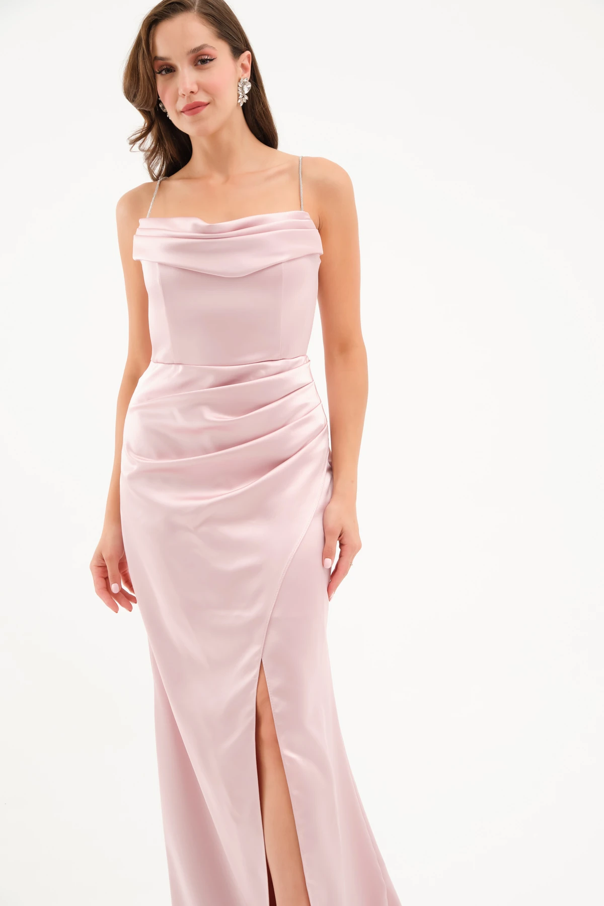 Kadın Taş Askılı Uzun Söz Nişan Abiye Elbise - Pudra