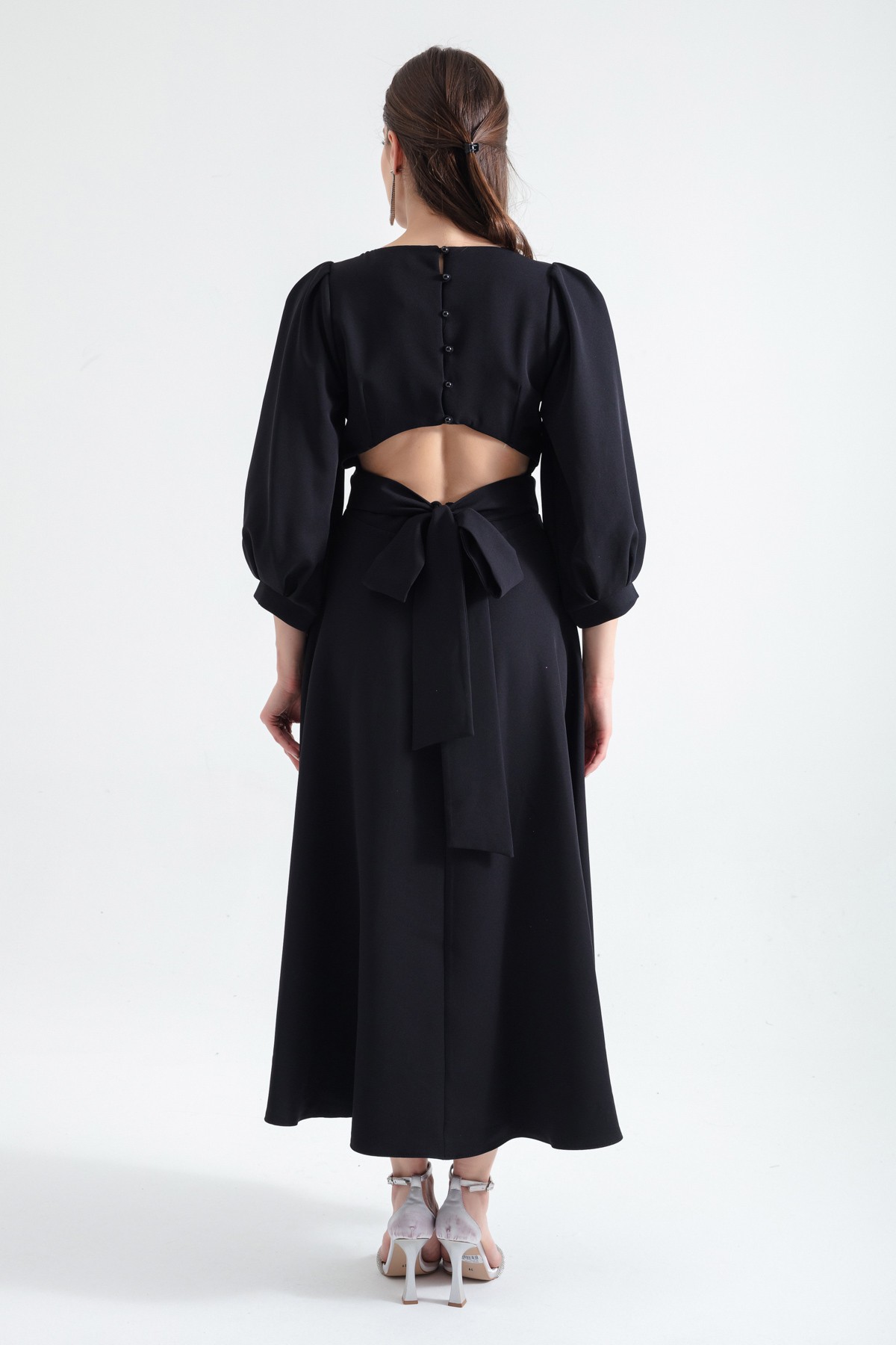 Kadın Sırt Detaylı Midi Elbise - Siyah