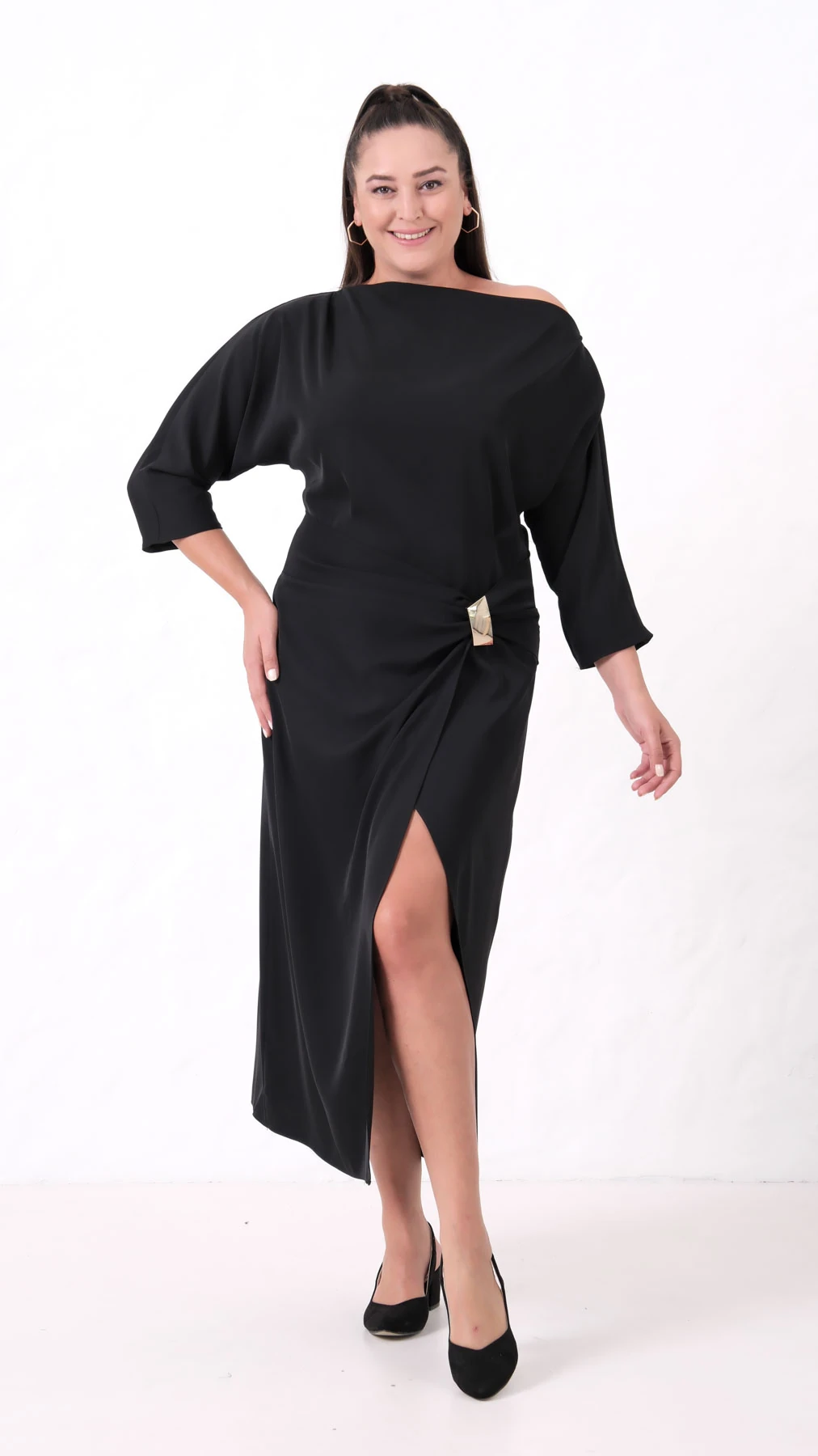 Kadın Aksesuar Detay Midi Davet Elbise - Siyah
