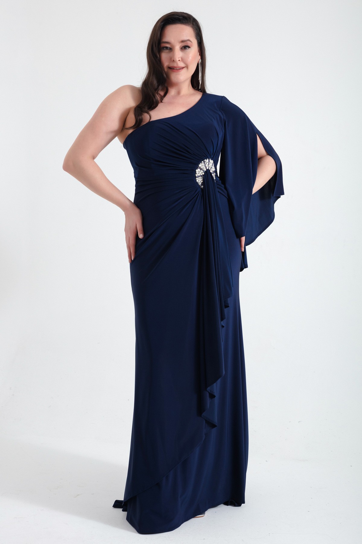 Kadın Tek Omuzlu Taş Detaylı Uzun Abiye Elbise - Lacivert