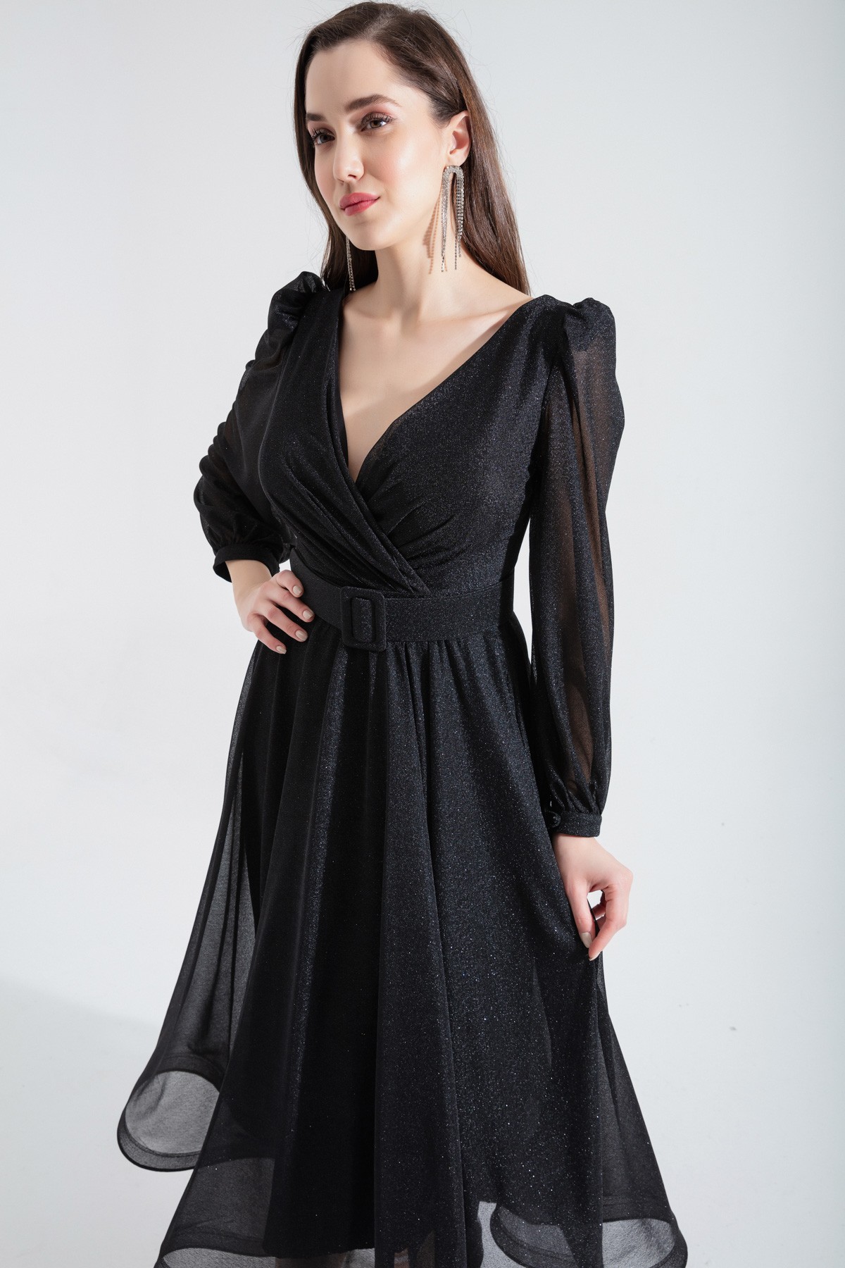 Kadın Kruvaze Yaka Kemerli Simli Midi Abiye Elbise - Siyah
