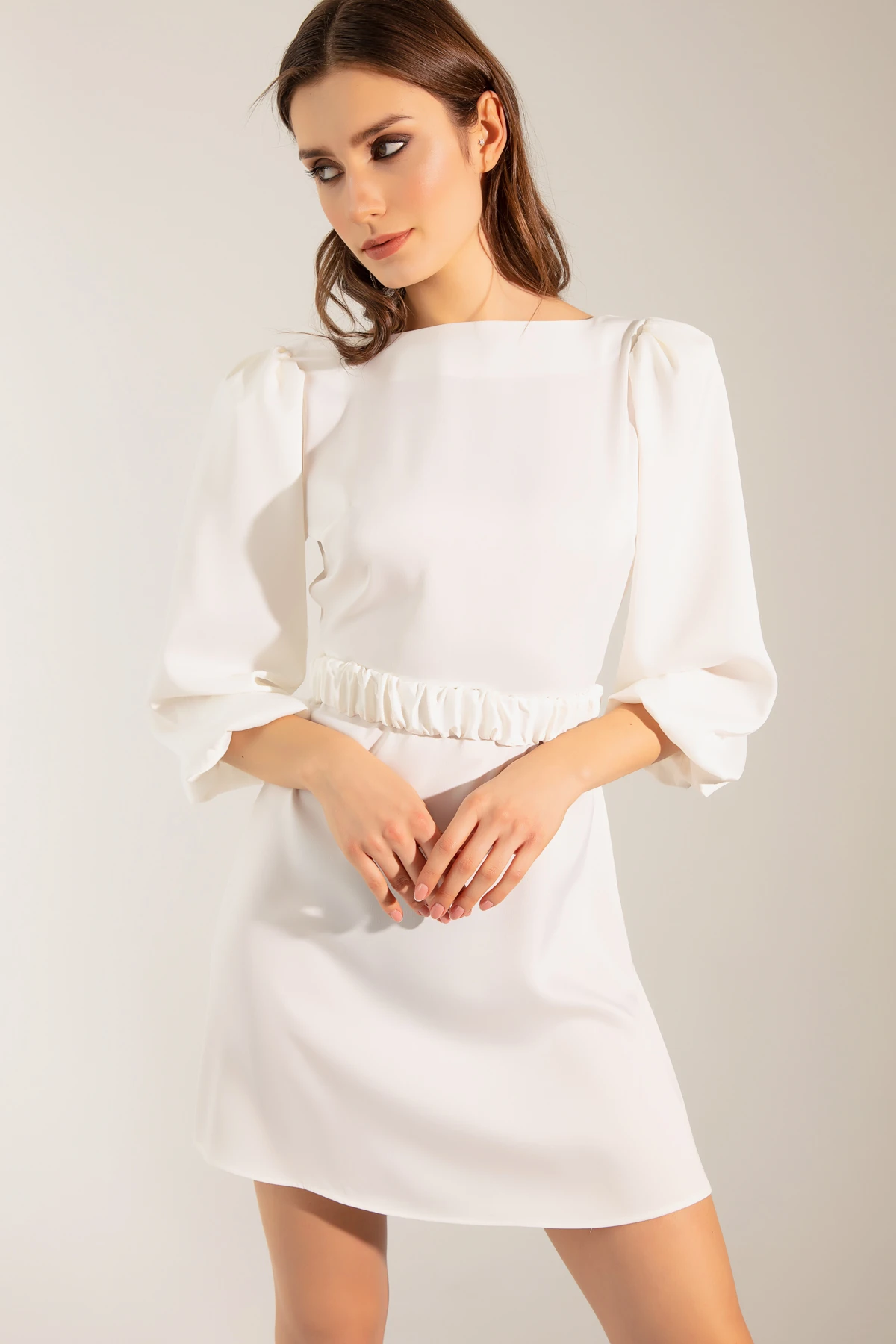 Kadın Balon Kol Mini Nişan Elbisesi - Ekru